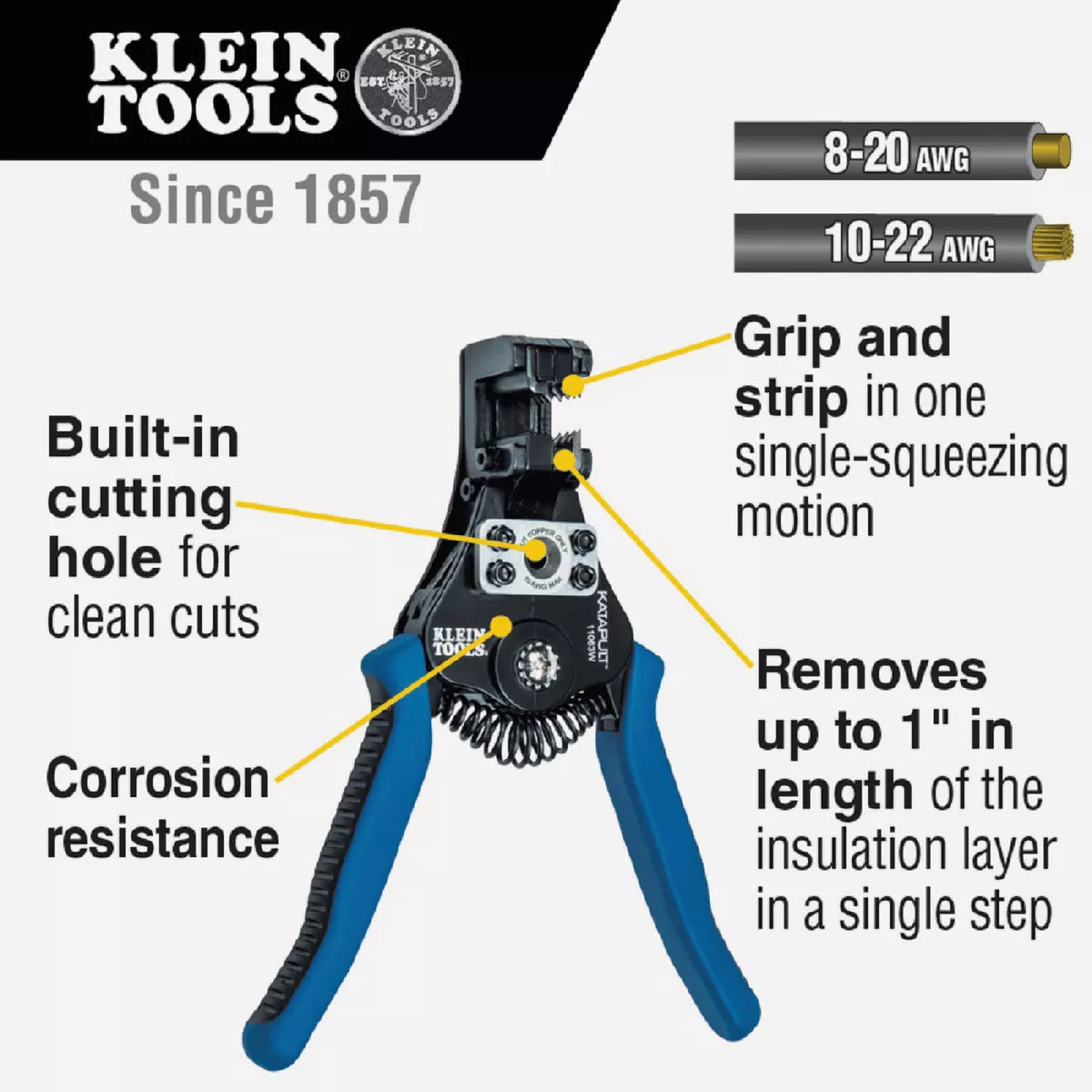 Klein Katapult Wire Stripper & Cutter for 8-20 AWG Solid & 10-22 AWG Stranded Wire - photo 2