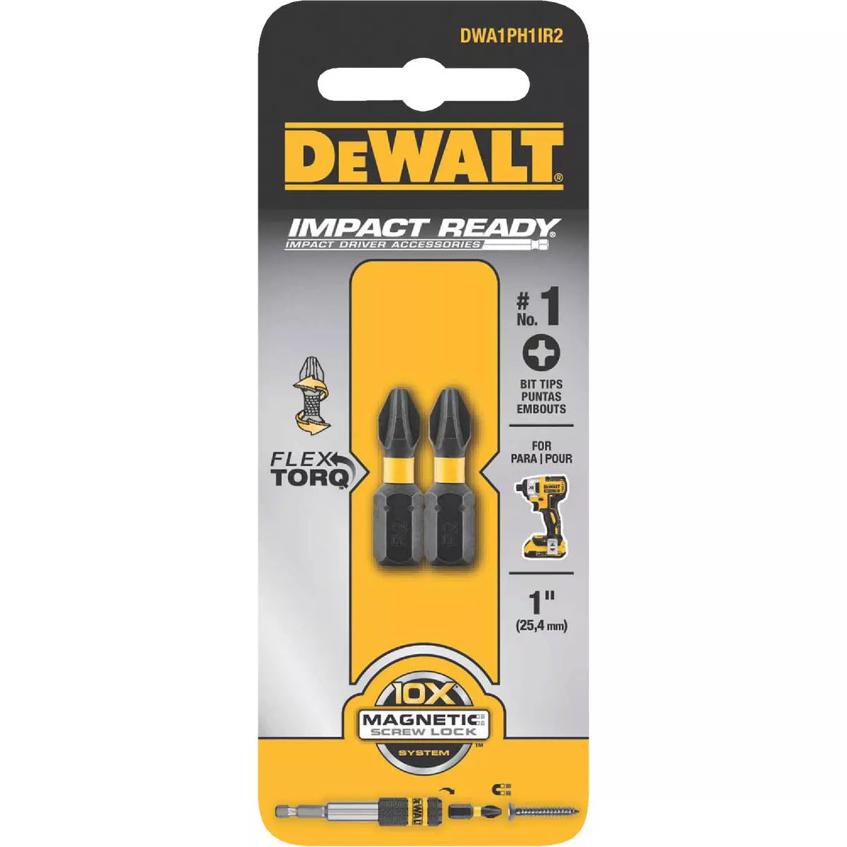 DEWALT FlexTorq 1 In. #1 Phillips Insert Impact Screwdriver Bit (2-Pack)