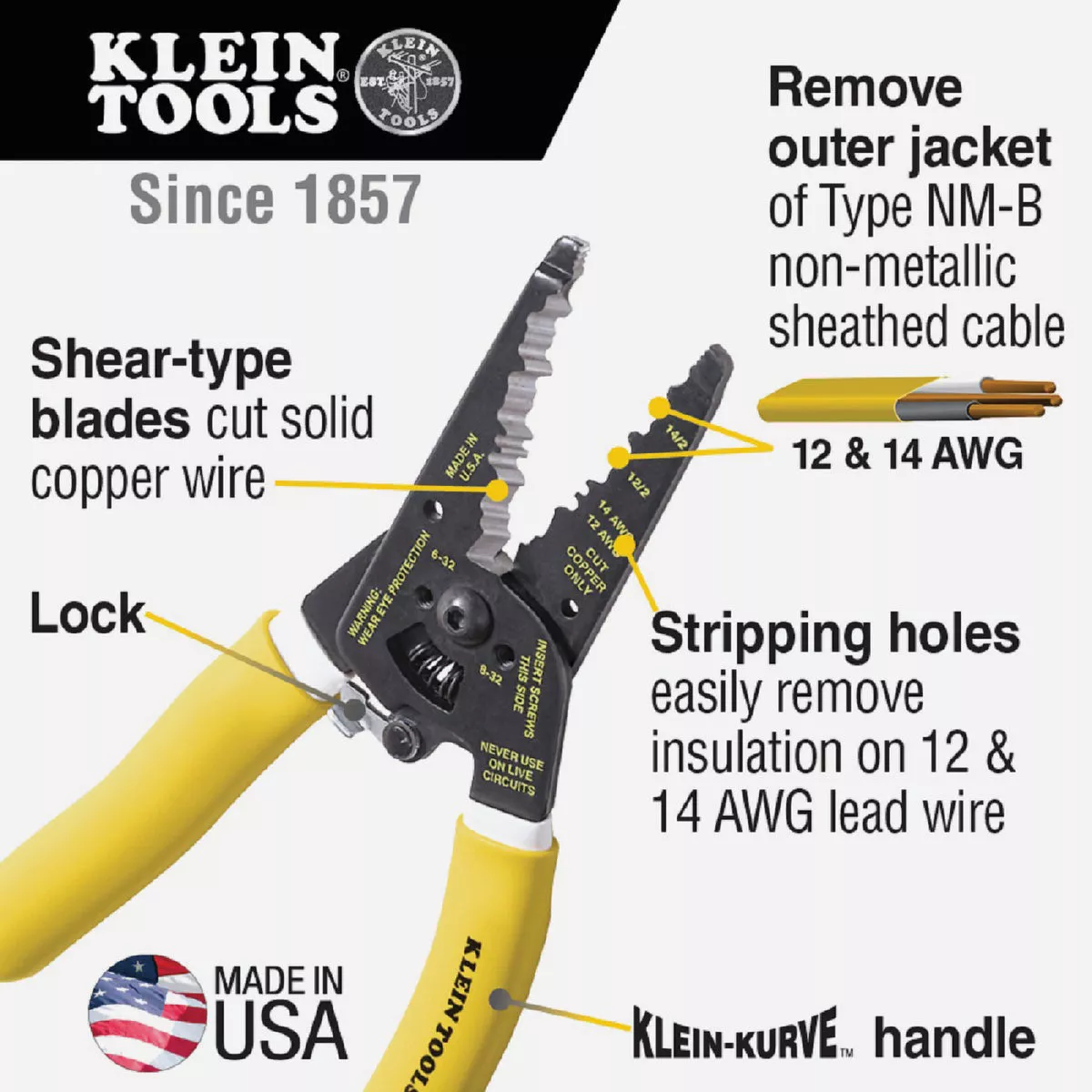 Klein 7-3/4 In. 12/2 and 14/2 AWG Solid Kurved NM Wire Stripper - photo 3