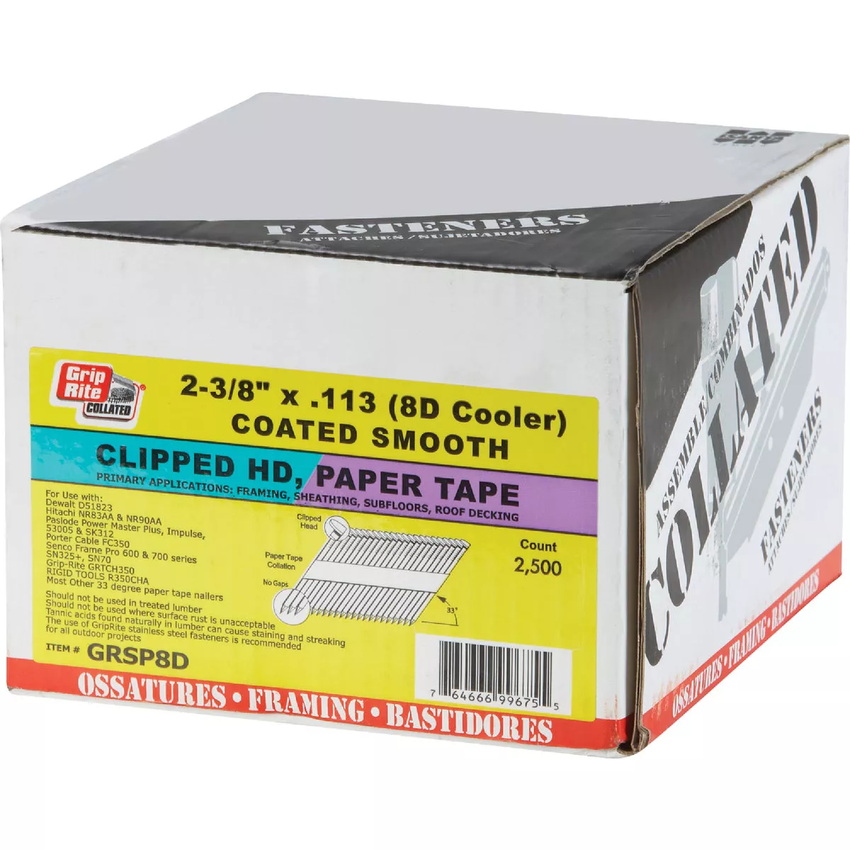 Grip-Rite 30 Degree Paper Tape Bright Smooth Shank Clipped Head Framing Stick Nail, 2-3/8 In. x .113 In. (2500 Ct.) - photo 2