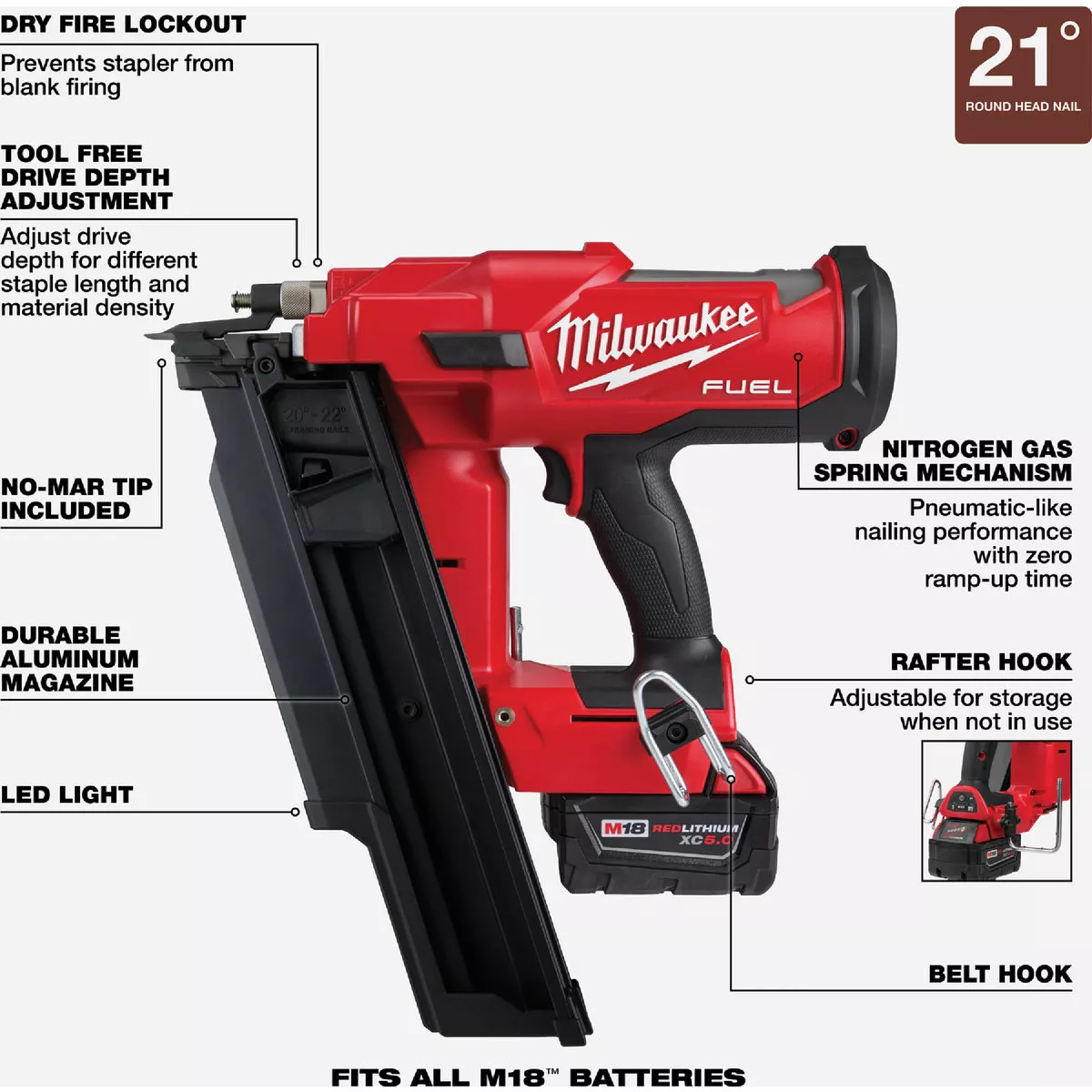Milwaukee M18 FUEL Brushless 21 Degree Cordless Framing Nailer Kit with 5.0 Ah Battery & Charger - photo 8