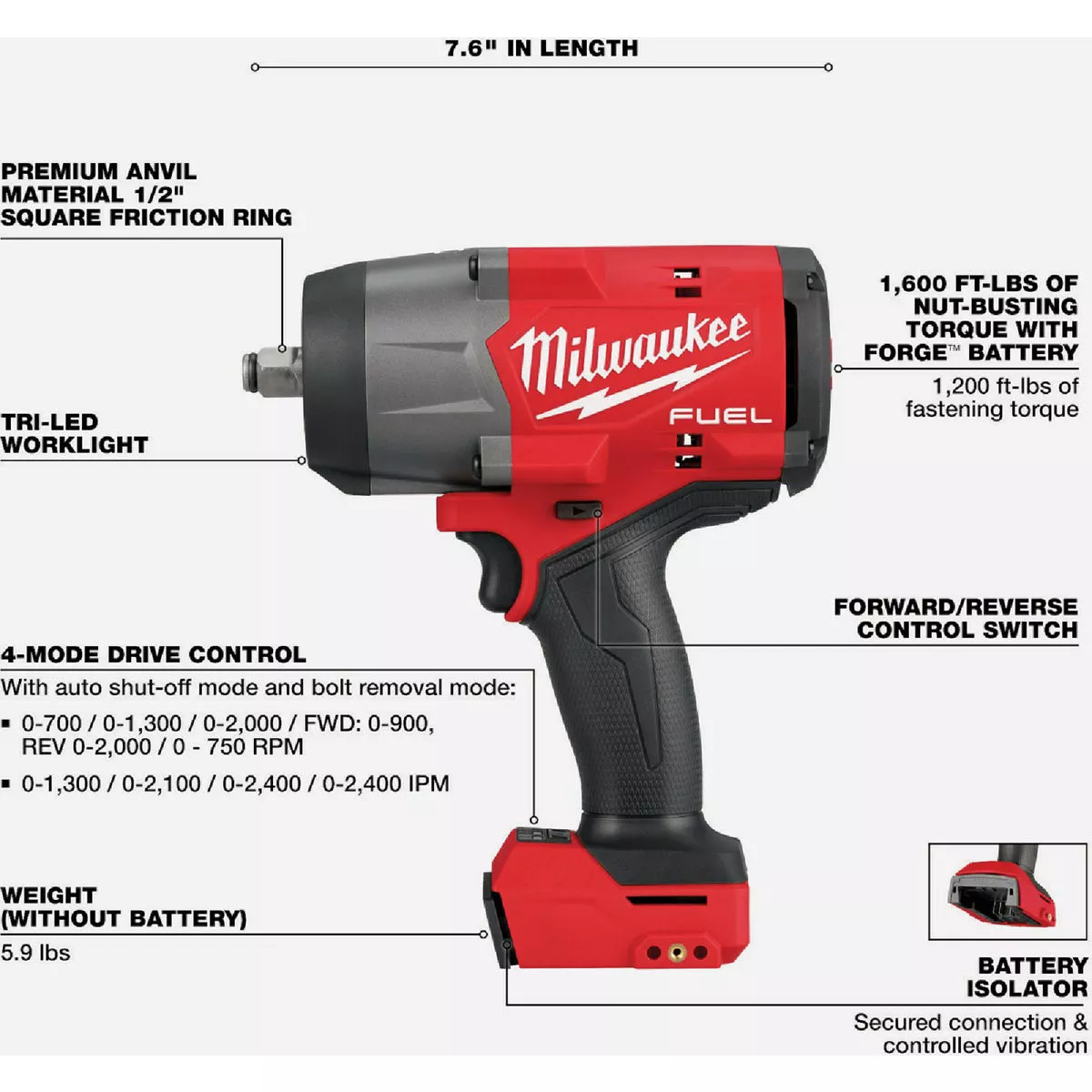 Milwaukee M18 FUEL Brushless 1/2 In. High Torque Cordless Impact Wrench with Friction Ring (Tool Only) - photo 2