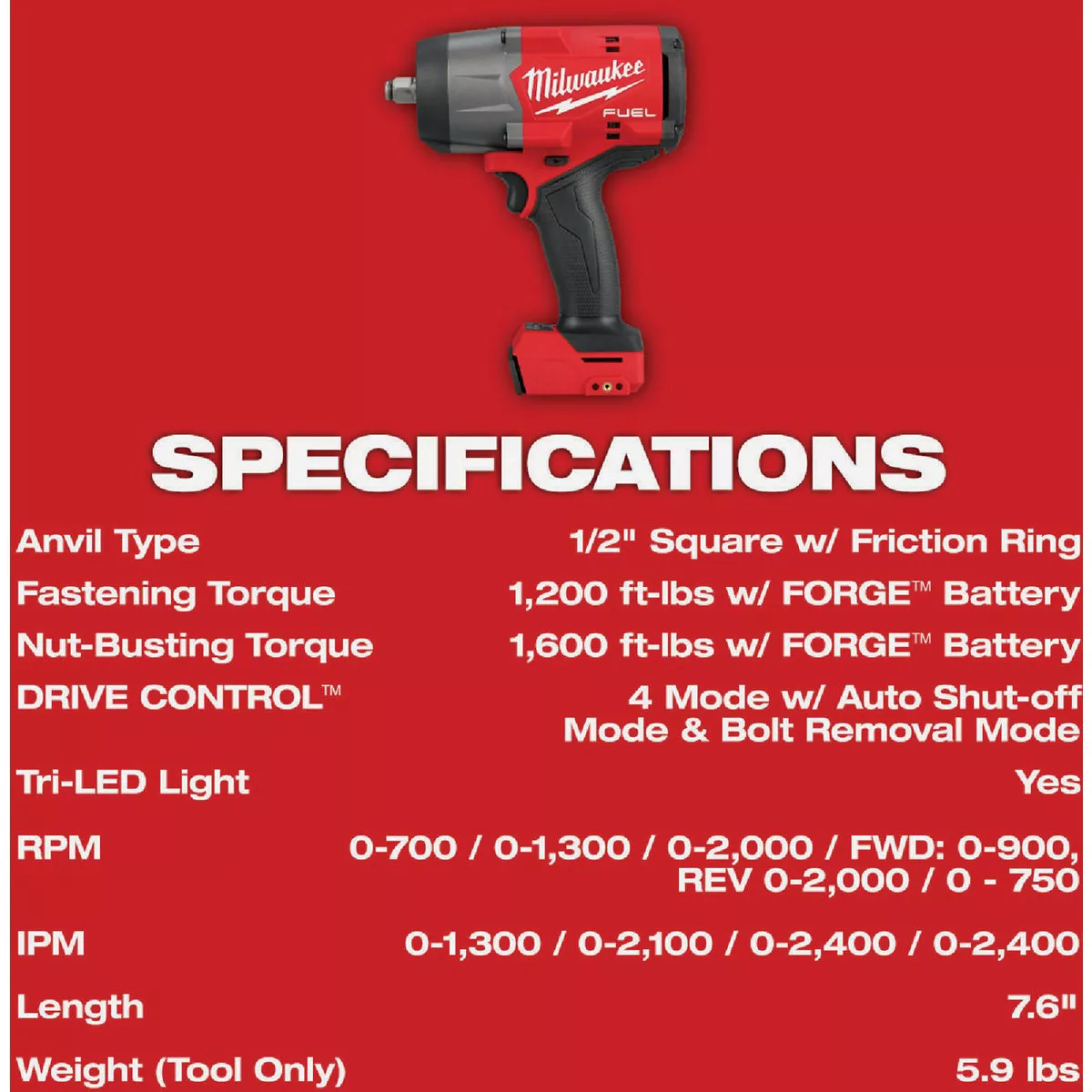 Milwaukee M18 FUEL Brushless 1/2 In. High Torque Cordless Impact Wrench with Friction Ring (Tool Only) - photo 6