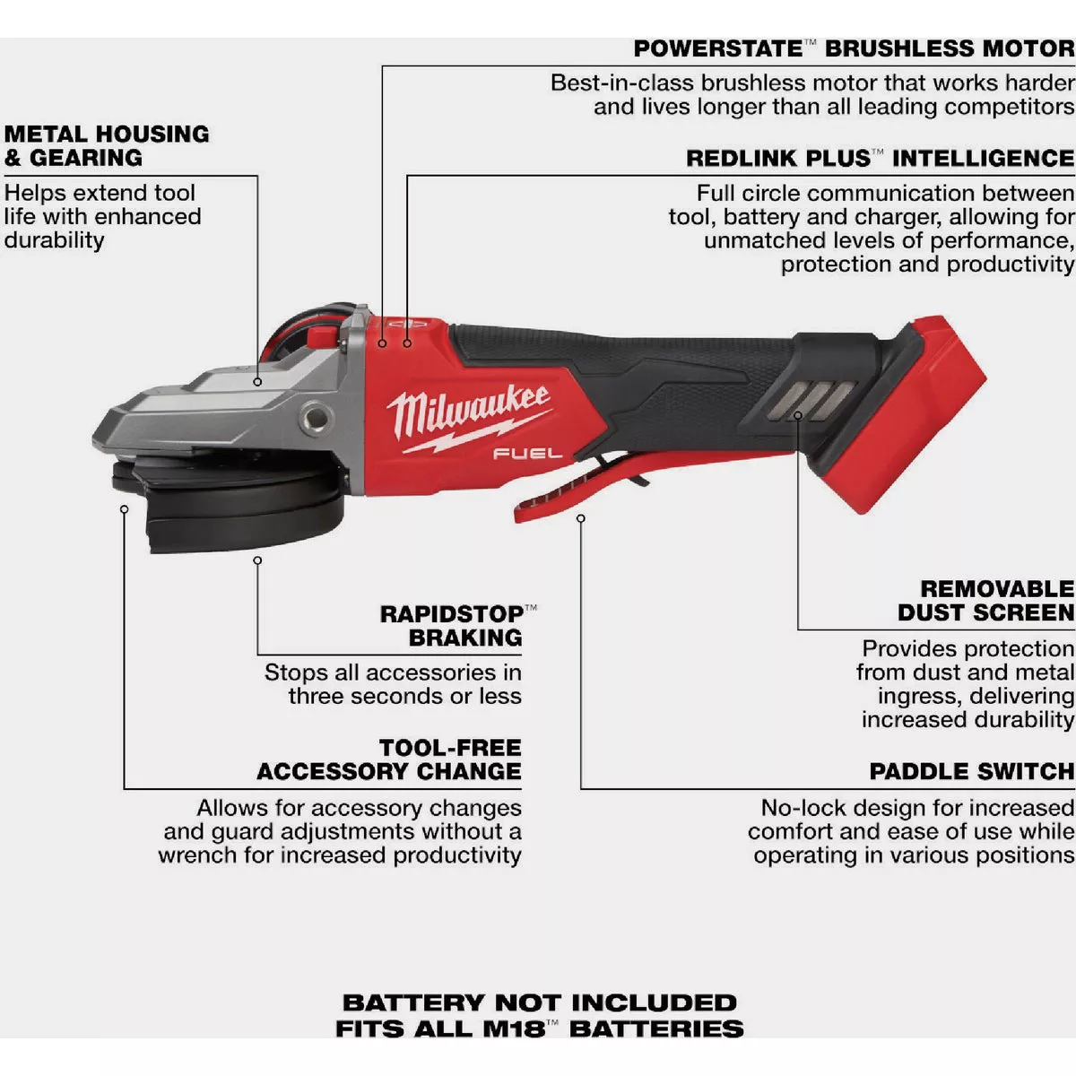 Milwaukee M18 FUEL 5 In. Brushless Flathead Braking Cordless Angle Grinder with Paddle Switch No-Lock (Tool Only) - photo 4