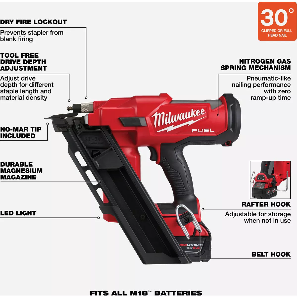 Milwaukee M18 FUEL Brushless 30 Degree Cordless Framing Nailer Kit with 5.0 Ah Battery & Charger - photo 4