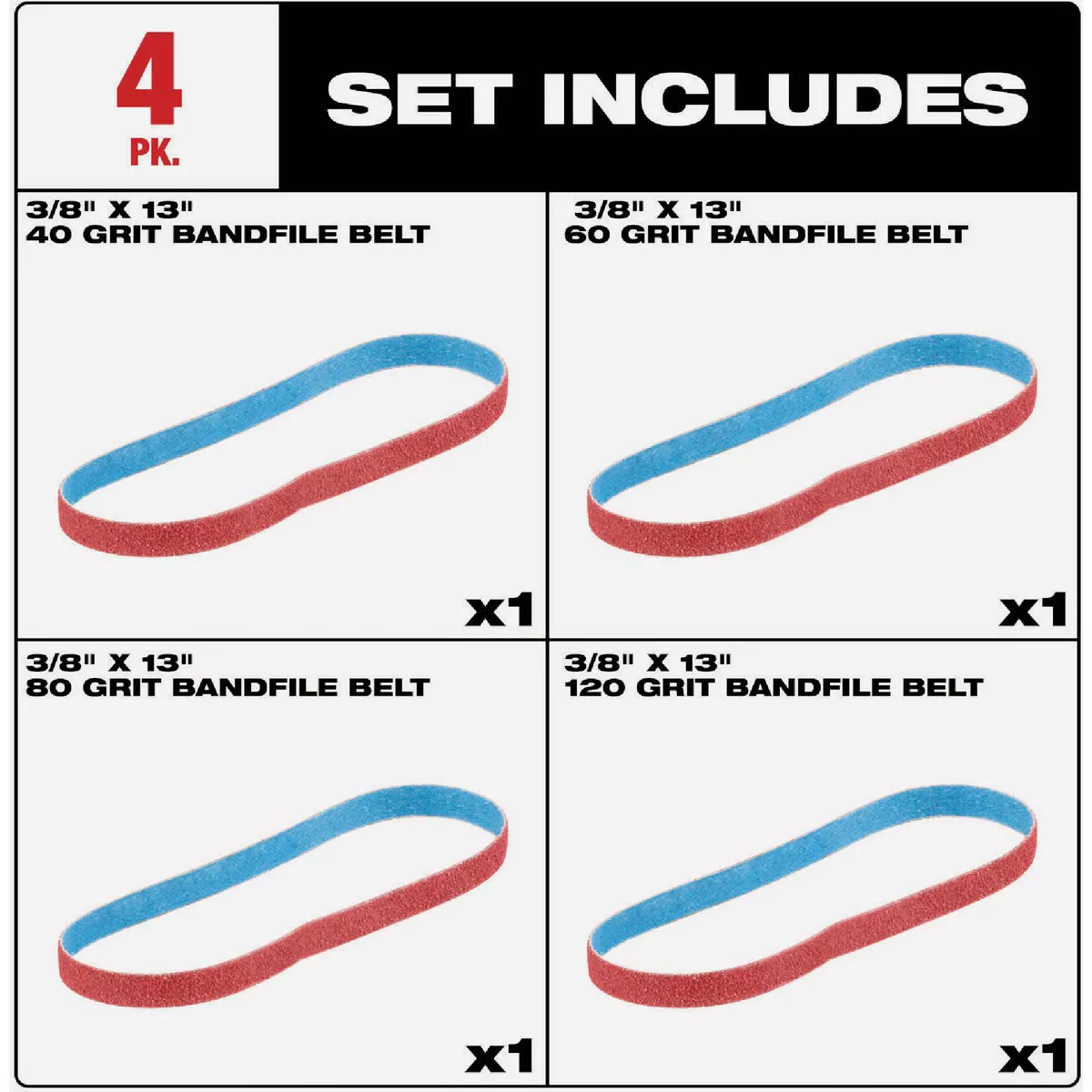 Milwaukee 3/8 In. x 13 In. 40/60/80/120 Grit Bandfile Belt Variety Pack (4-Pack) - photo 2