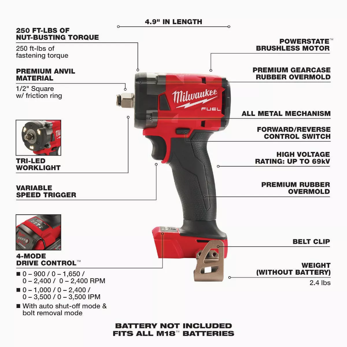 Milwaukee M18 FUEL Brushless 1/2 In. Compact Cordless Impact Wrench with Friction Ring (Tool Only) - photo 2