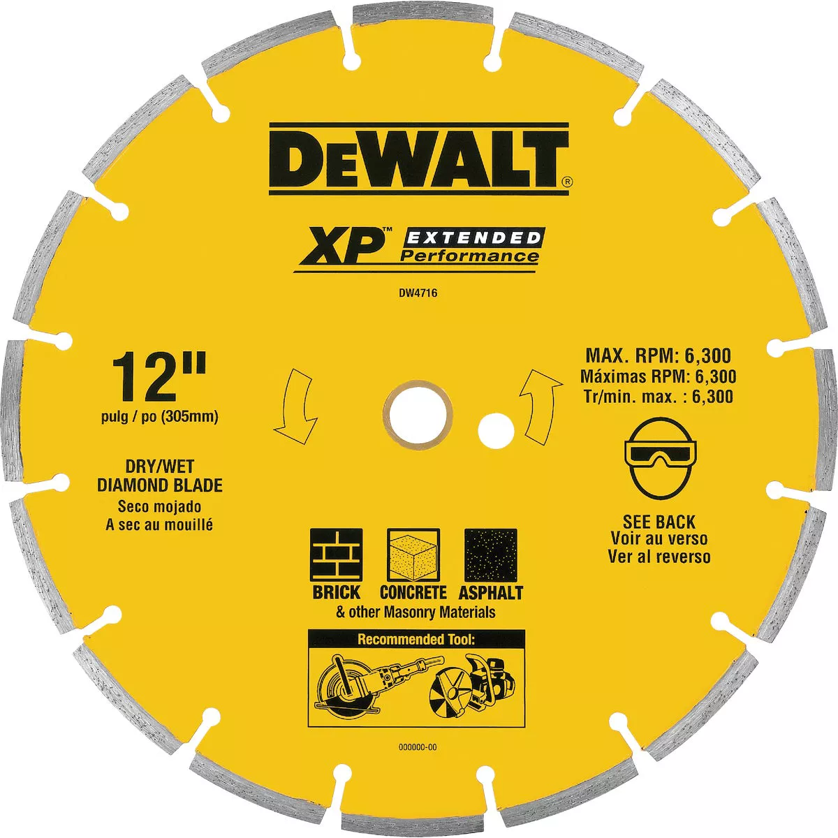 DEWALT Extended Performance 12 In. Laser Welded Segmented Rim Dry/Wet Cut Diamond Blade