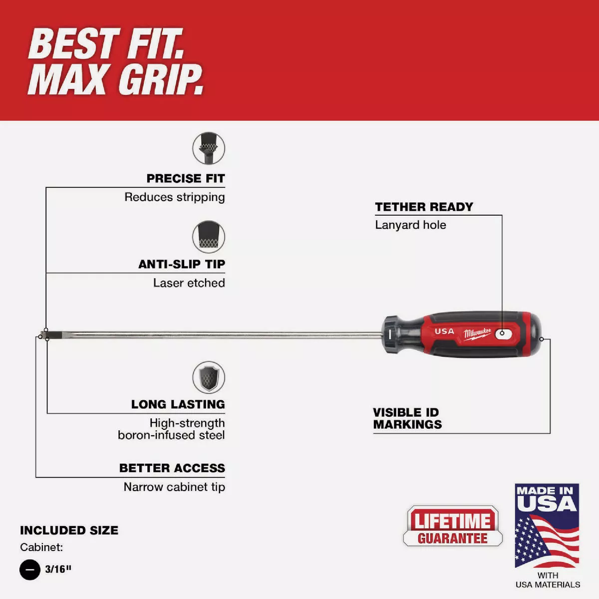 Milwaukee 3/16 In. x 8 In. Cushion Grip Cabinet Tip Slotted Screwdriver (USA) - photo 6