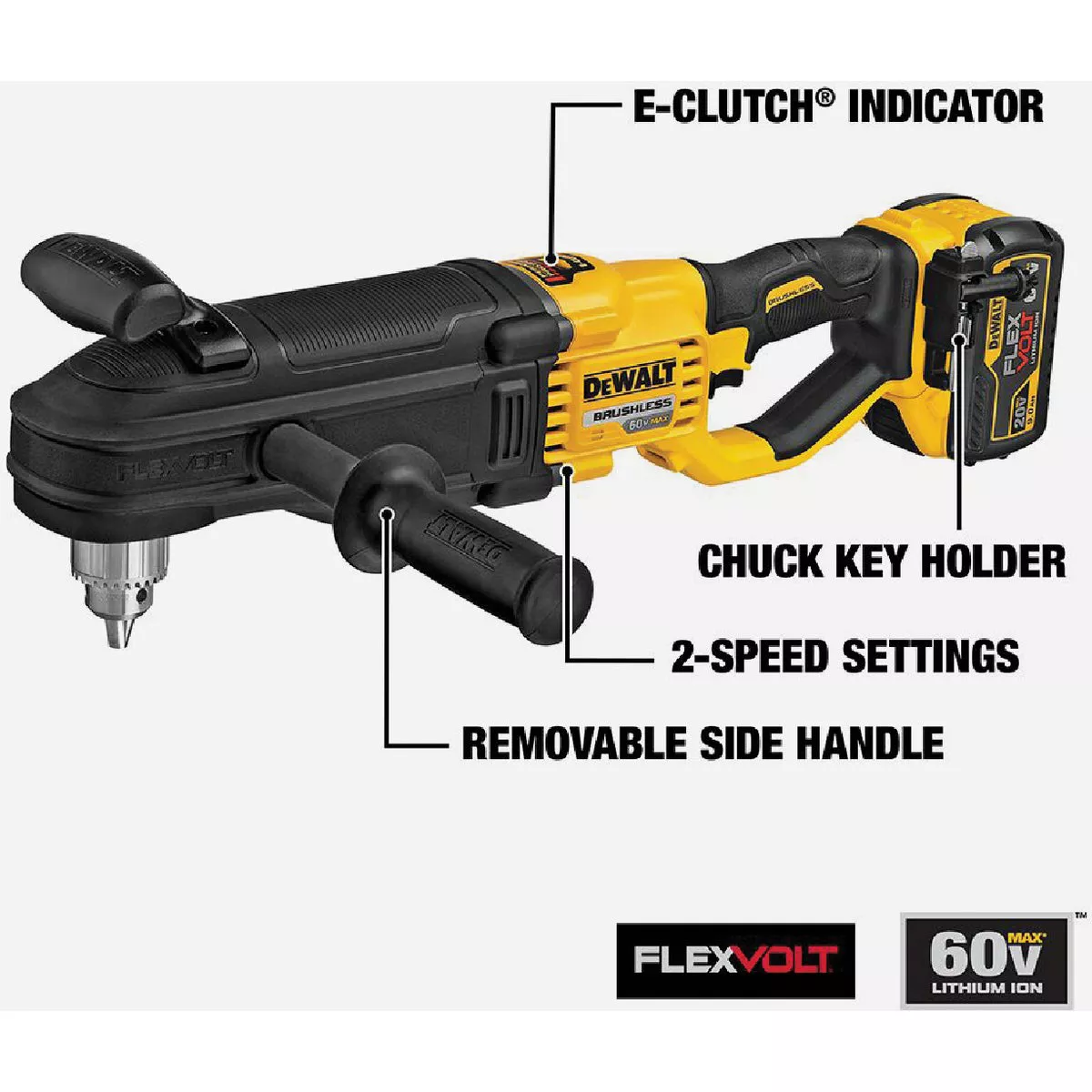 FLEXVOLT 60-Volt MAX Lithium-Ion Cordless Brushless 1/2 in. Stud and Joist Drill with Battery 2.0Ah, Charger & Tool Bag FLEXVOLT 60-Volt MAX Lithium-Ion Cordless Brushless 1/2 in. Stud and Joist Drill with Battery 2.0Ah, Charger & Tool Bag