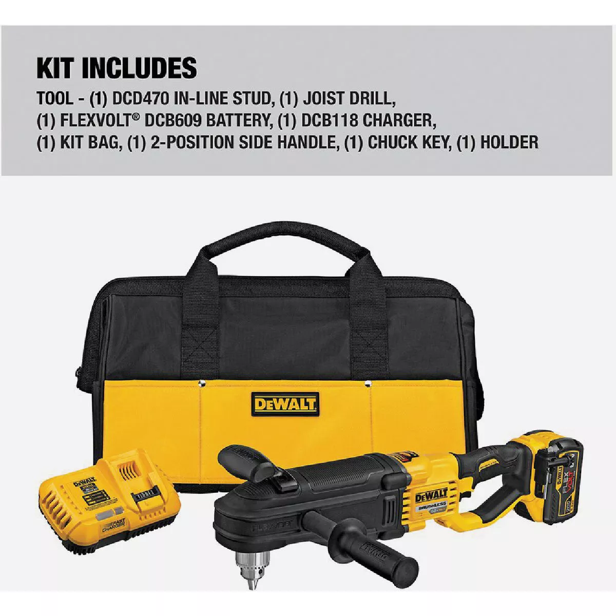 FLEXVOLT 60-Volt MAX Lithium-Ion Cordless Brushless 1/2 in. Stud and Joist Drill with Battery 2.0Ah, Charger & Tool Bag