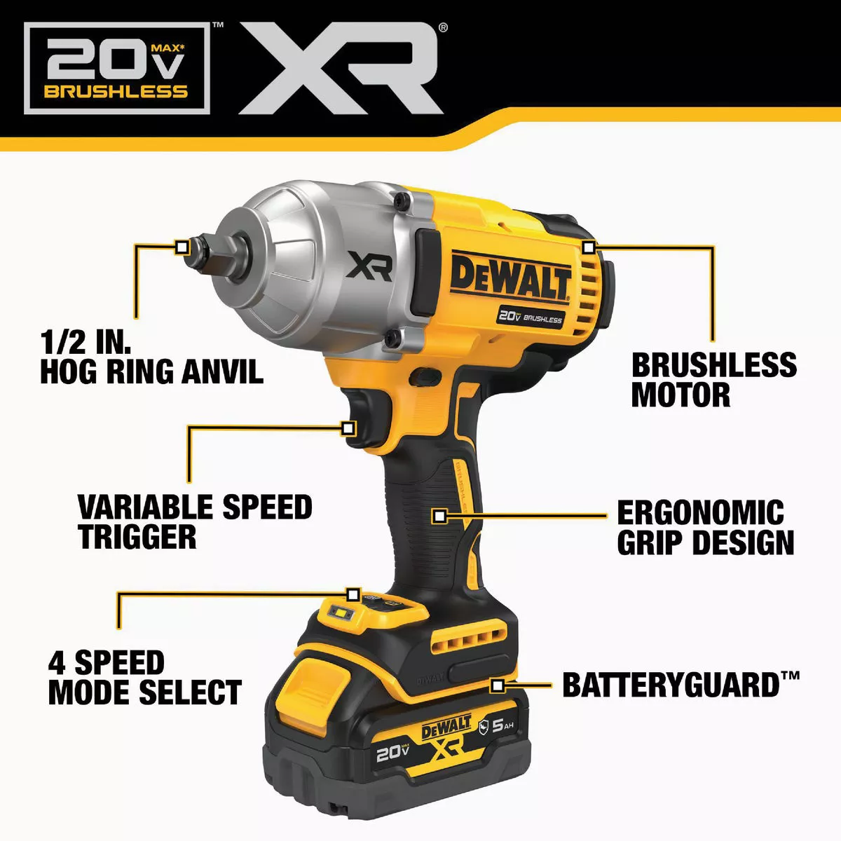 DEWALT 20V MAX XR Brushless 1/2 In. High Torque Cordless Impact Wrench Kit with Hog Ring Anvil, (2) 5.0 Ah Resistant Batteries & Charger - photo 5