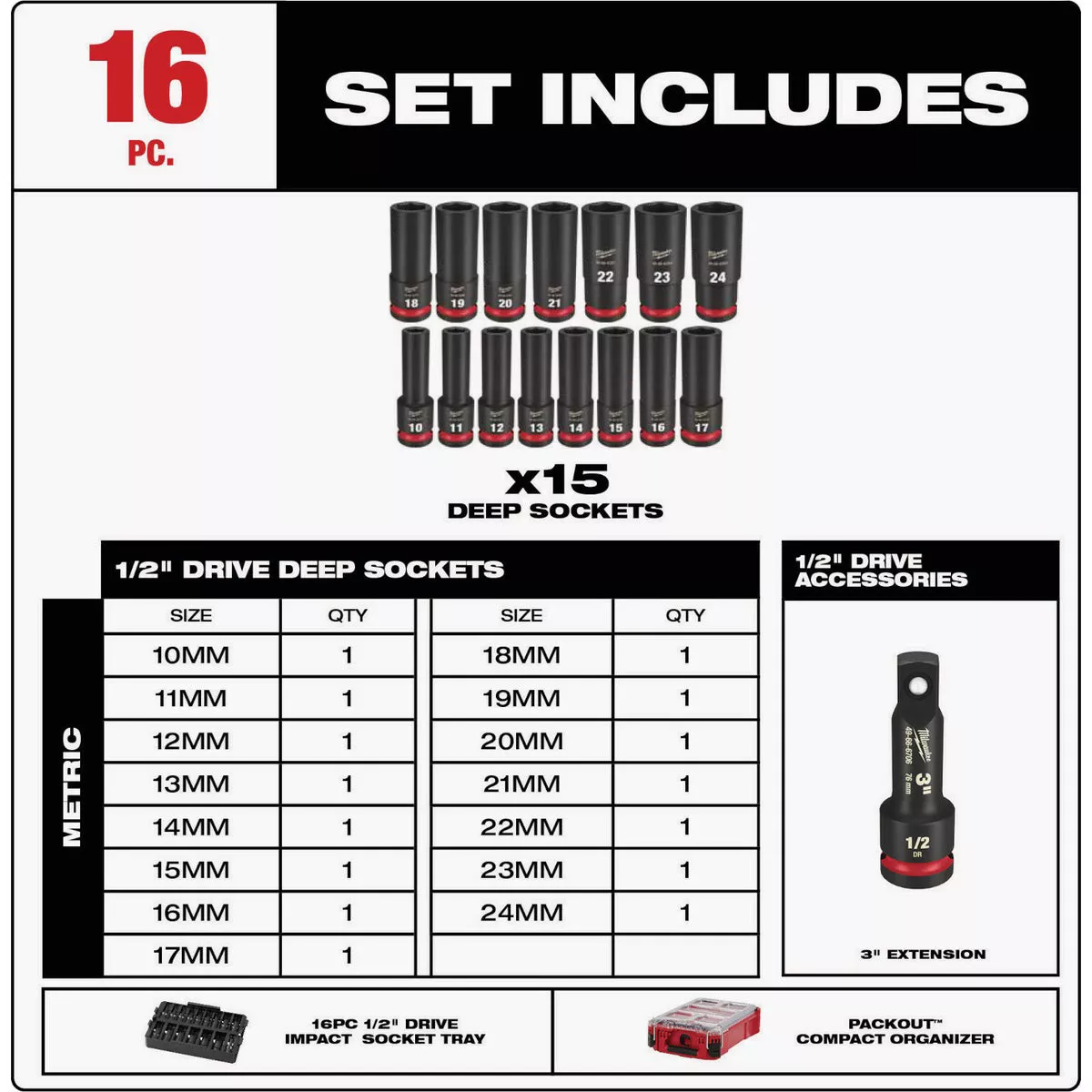 Milwaukee SHOCKWAVE Metric 1/2 In. Drive 6-Point Deep Impact Driver Set with PACKOUT Organizer (16-Piece) - photo 4