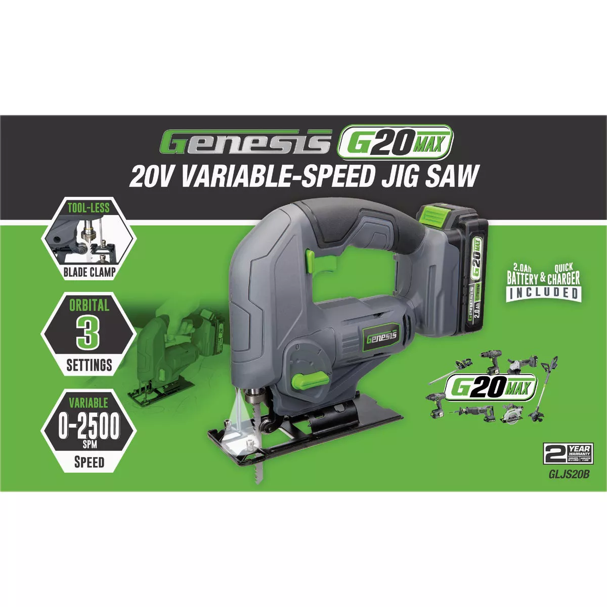 Genesis 20 Volt Cordless Jig Saw Kit with 2.0 Ah Battery & Charger - photo 2