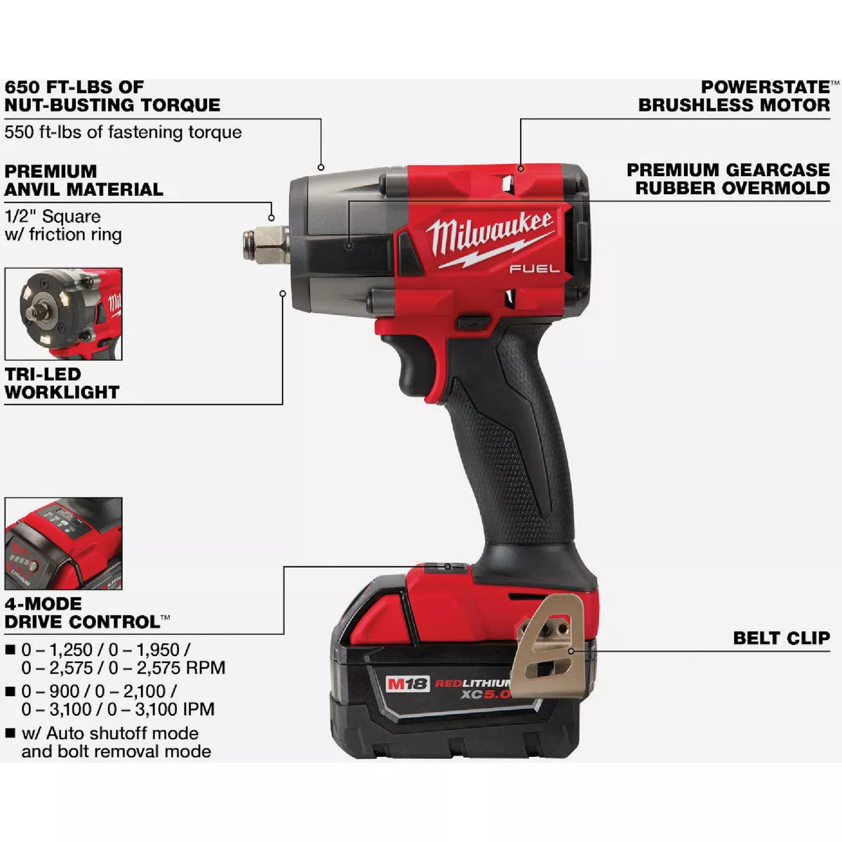 Milwaukee M18 FUEL Brushless 1/2 In. Mid-Torque Cordless Impact Wrench Kit with Friction Ring, (2) 5.0 Ah Resistant Batteries & Charger - photo 4