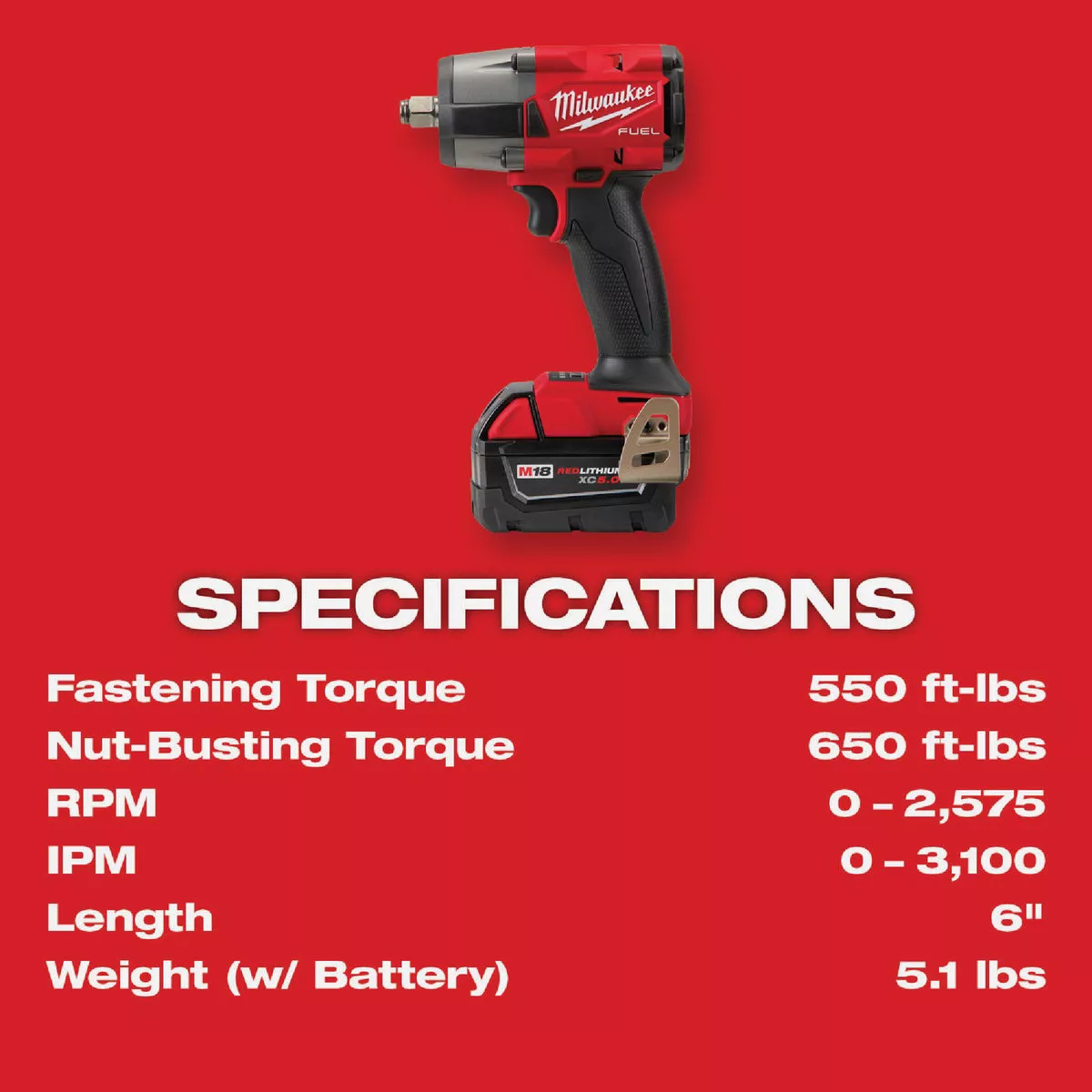 Milwaukee M18 FUEL Brushless 1/2 In. Mid-Torque Cordless Impact Wrench Kit with Friction Ring, (2) 5.0 Ah Resistant Batteries & Charger - photo 7