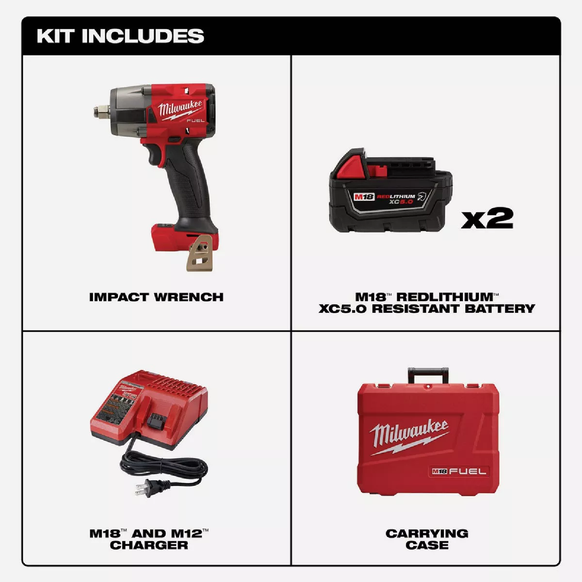 Milwaukee M18 FUEL Brushless 1/2 In. Mid-Torque Cordless Impact Wrench Kit with Friction Ring, (2) 5.0 Ah Resistant Batteries & Charger - photo 2