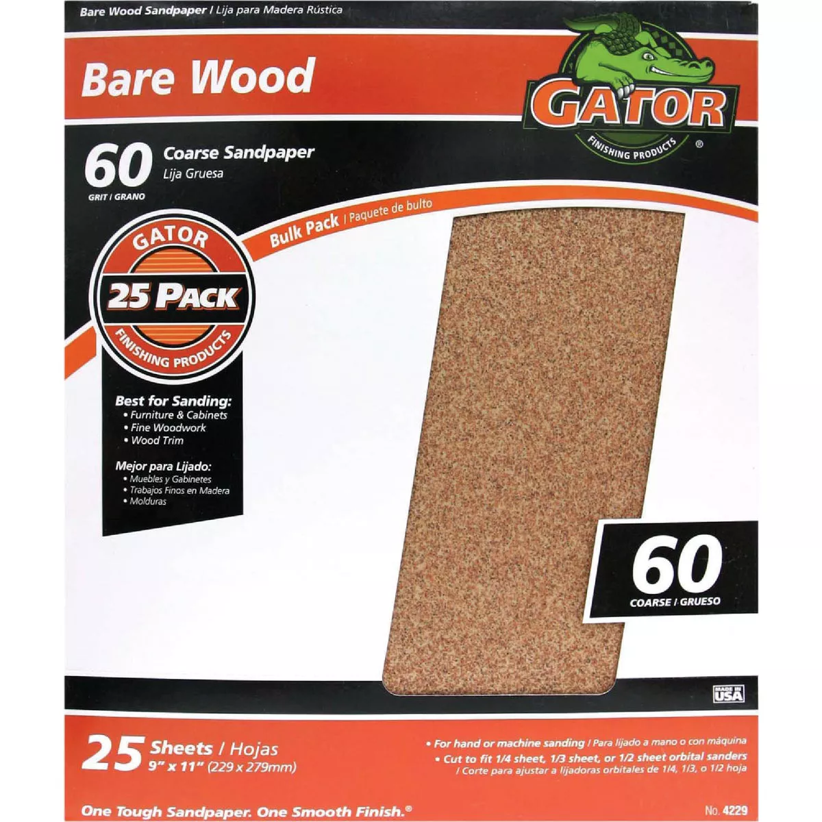 Gator Blade Bare Wood 9 In. x 11 In. 60 Grit Coarse Sandpaper (25-Pack)