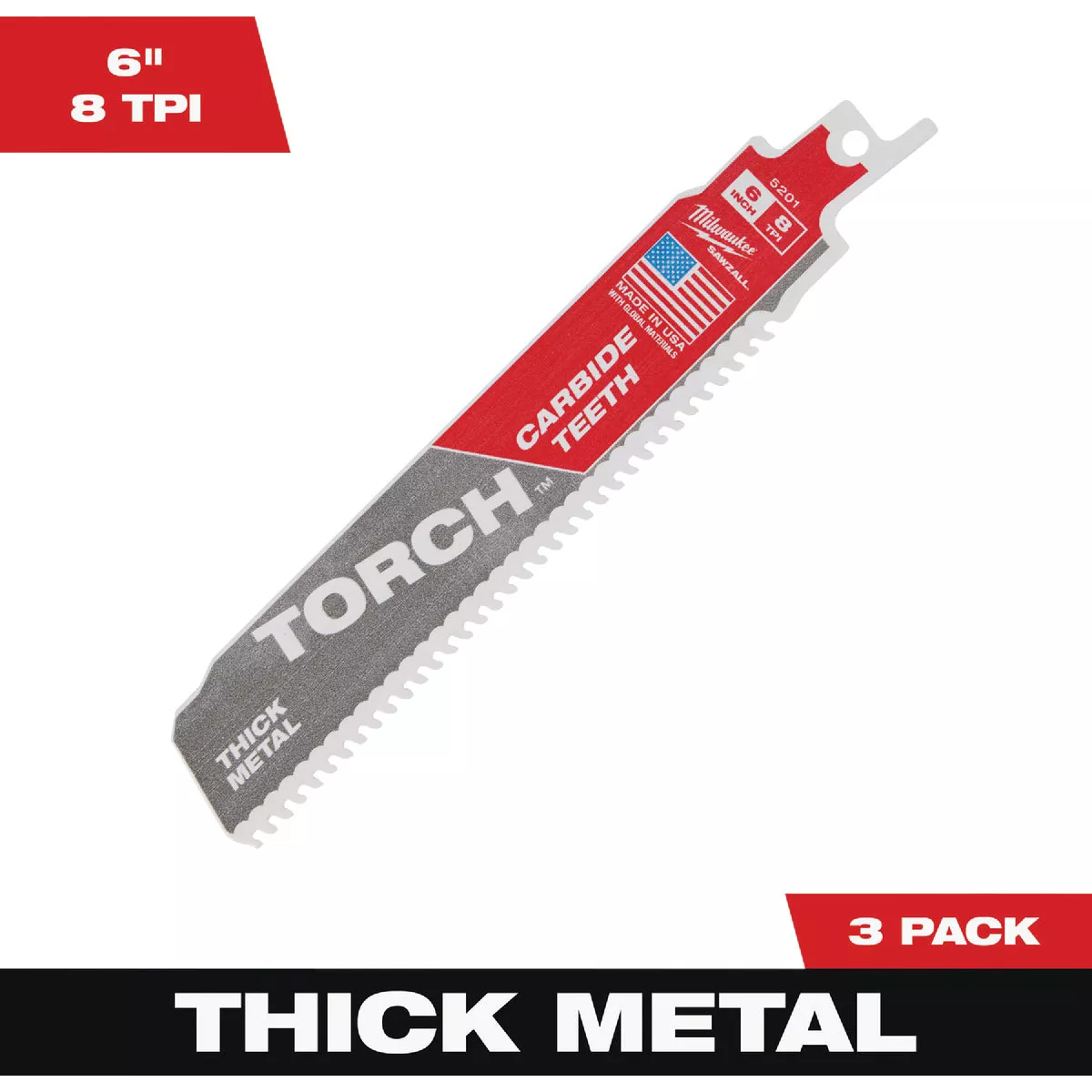 Milwaukee SAWZALL TORCH 6 In. 8 TPI Carbide Thick Metal Reciprocating Saw Blade (3-Pack)