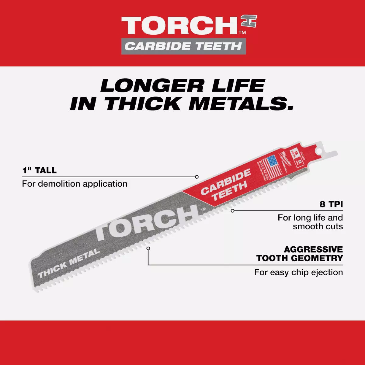 Milwaukee SAWZALL TORCH 6 In. 8 TPI Carbide Thick Metal Reciprocating Saw Blade (3-Pack) - photo 4