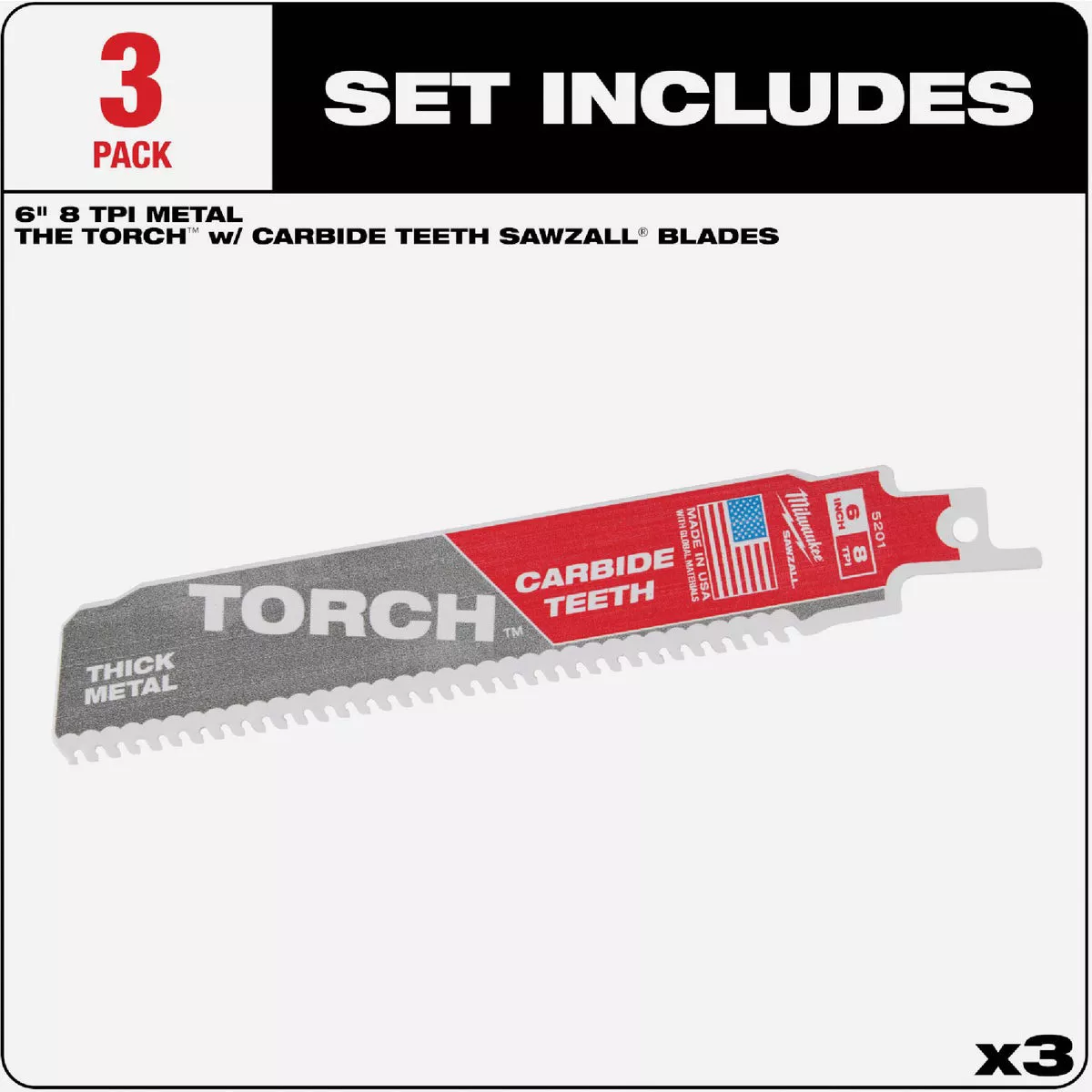 Milwaukee SAWZALL TORCH 6 In. 8 TPI Carbide Thick Metal Reciprocating Saw Blade (3-Pack) - photo 5