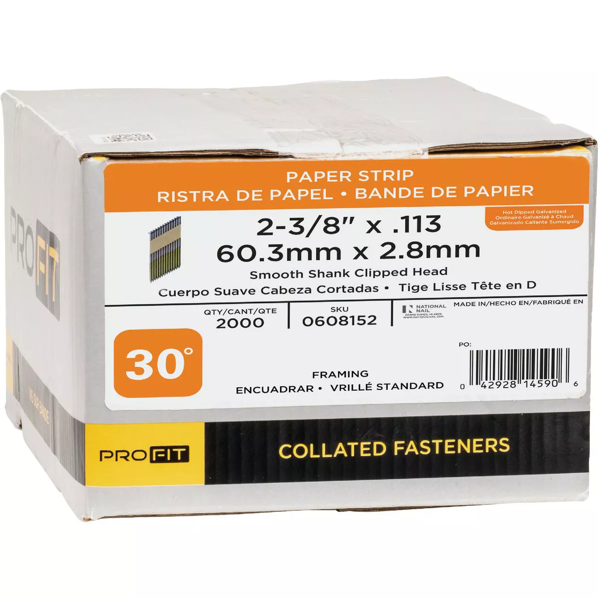 Pro-Fit 2-3/8 In. x 0.113 In. 30 Degree Paper Tape Smooth Shank Clipped Head Hot Dipped Galvanized Framing Stick Nails (2000 Ct.) - photo 2