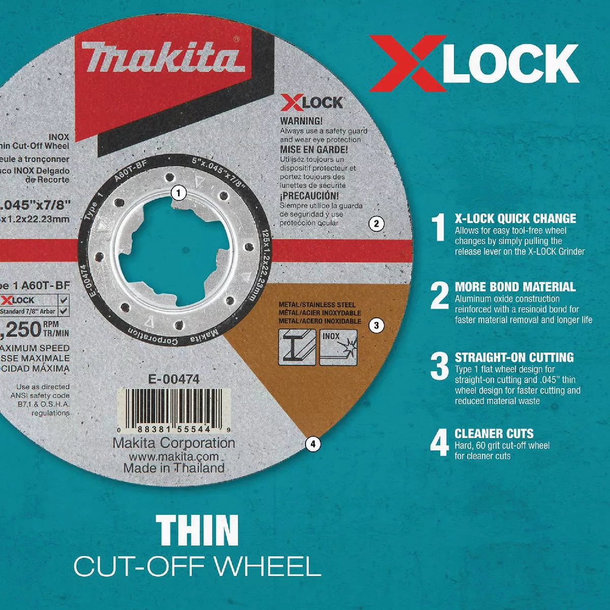 Makita X-LOCK Type 1 5 In. x 0.045 In. x 7/8 In. Metal Thin Cut-Off Wheel - photo 4