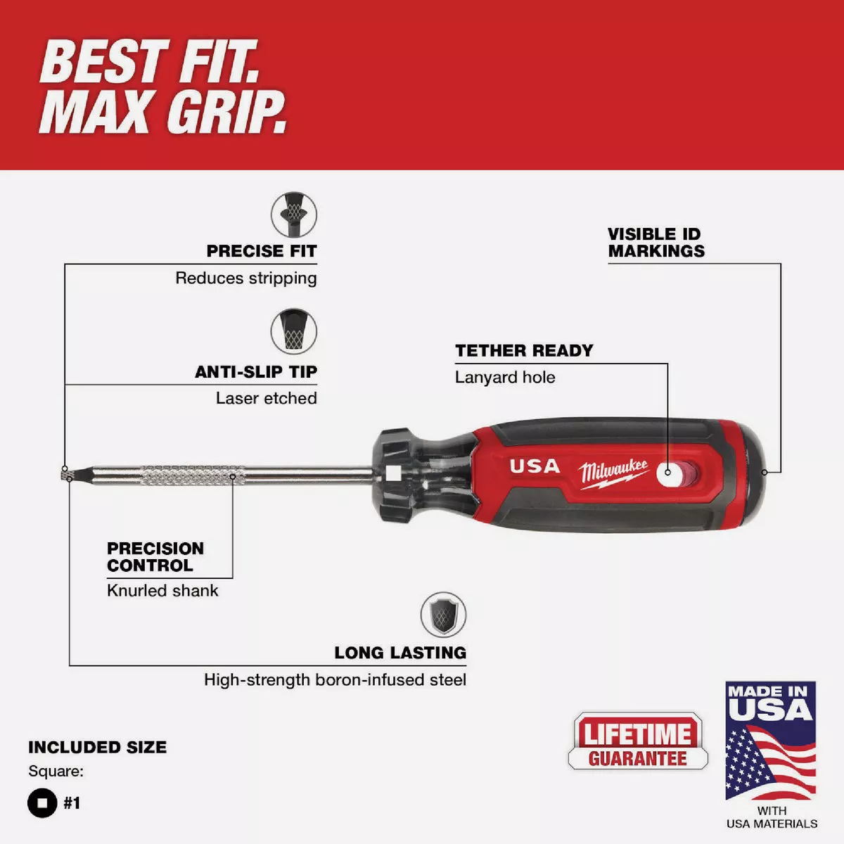 Milwaukee #1 x 3 In. Square Recess Cushion Grip Screwdriver (USA) - photo 5