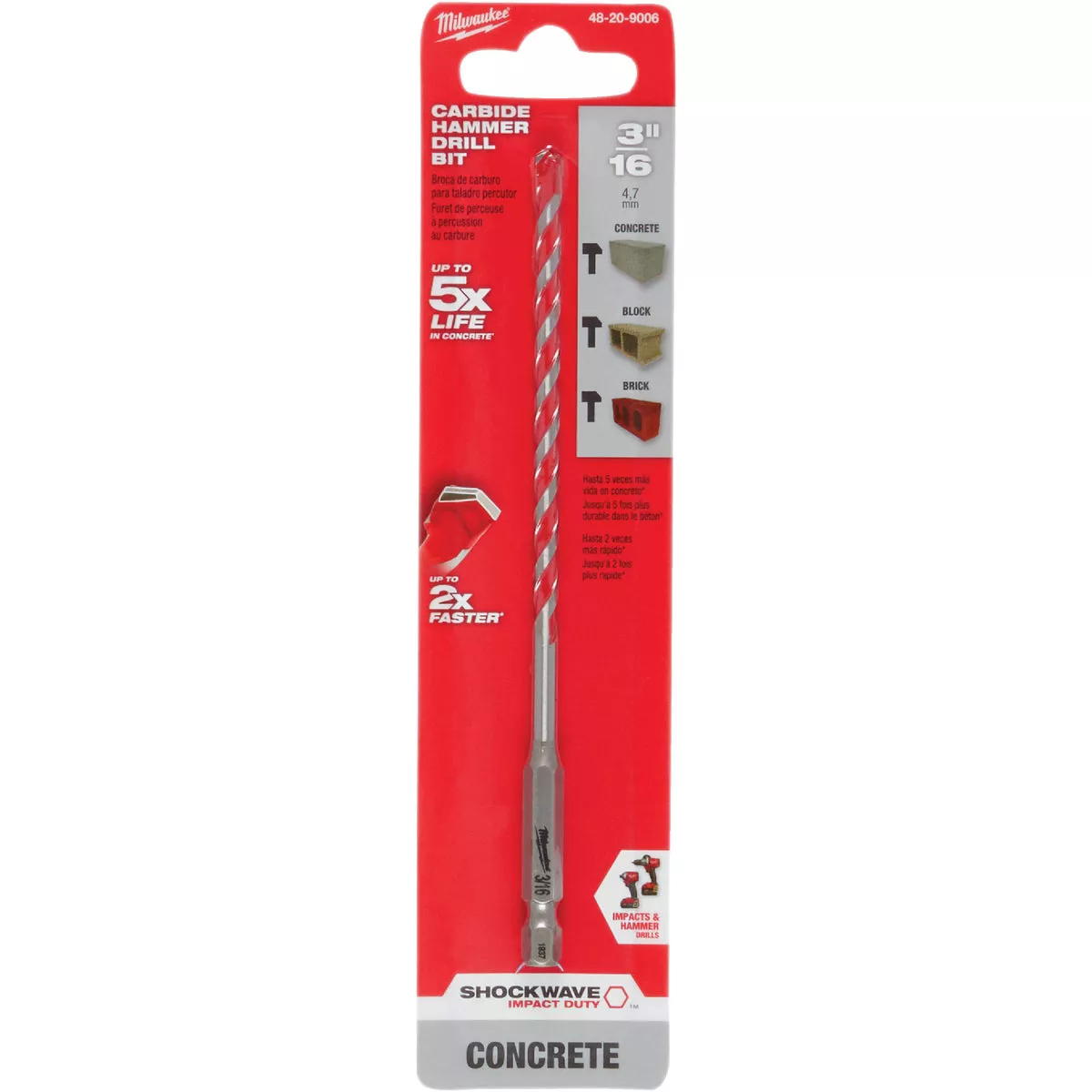 Milwaukee SHOCKWAVE 3/16 In. x 6 In. Impact Duty Masonry Carbide Hammer Drill Bit