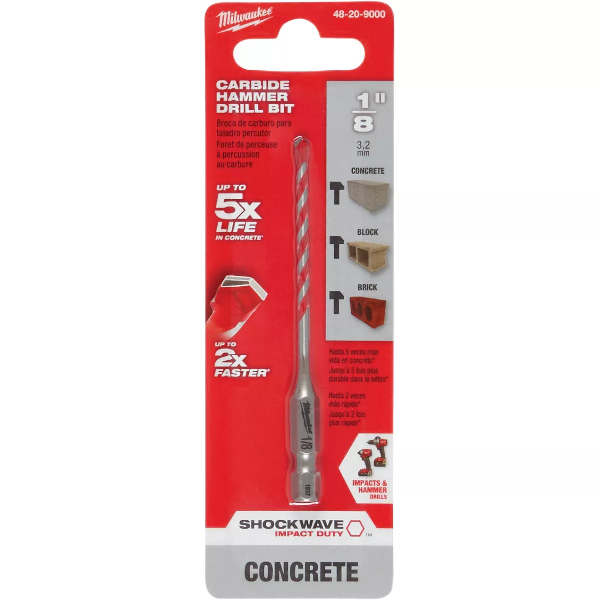 Milwaukee SHOCKWAVE 1/8 In. x 3 In. Impact Duty Masonry Carbide Hammer Drill Bit