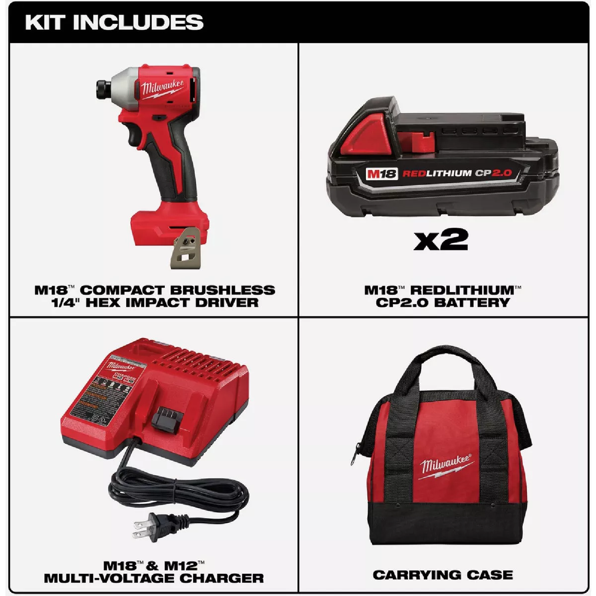 Milwaukee M18 Brushless 1/4 In. Hex Compact Cordless Impact Driver Kit with (2) 2.0 Ah Batteries & Charger - photo 2
