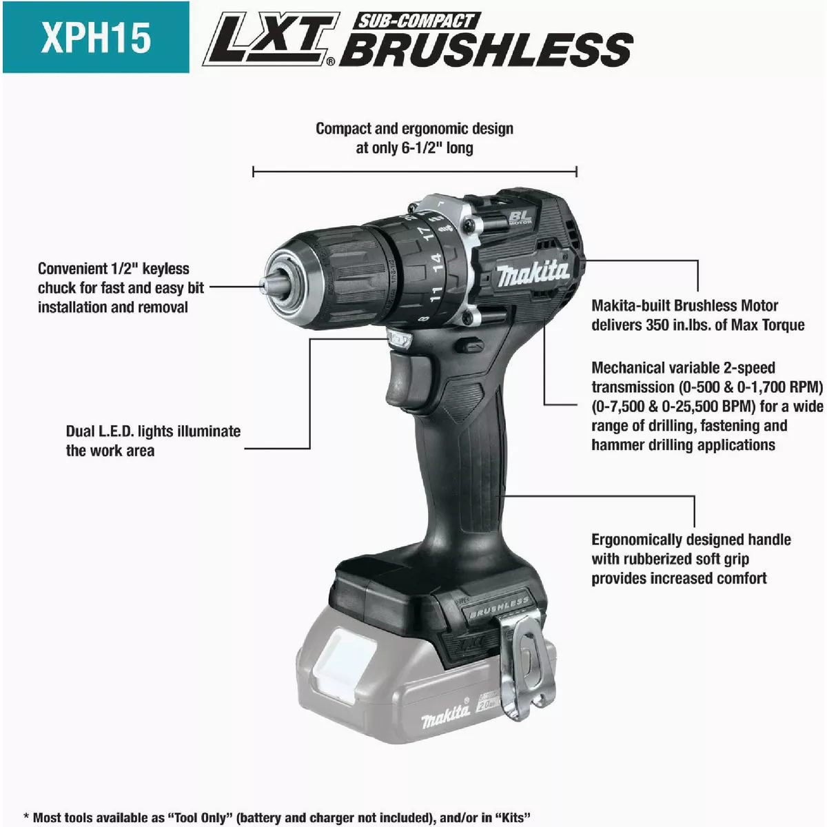 Makita 18-Volt LXT Lithium-Ion 1/2 In. Brushless Sub-Compact Cordless Hammer Drill (Tool Only) - photo 6