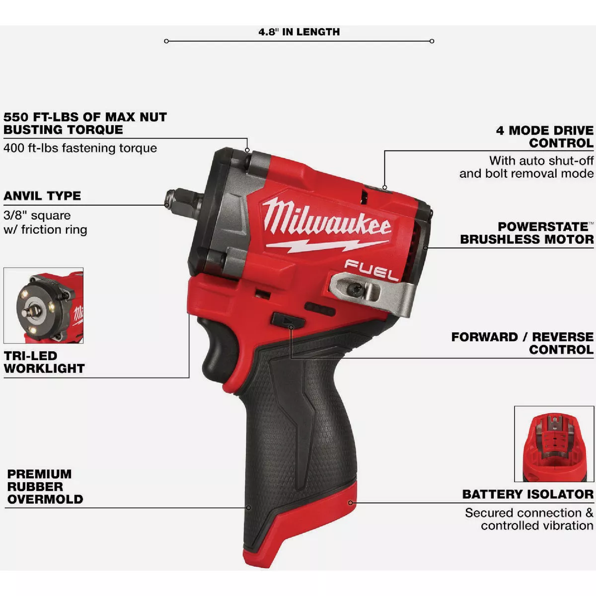 Milwaukee M12 FUEL Brushless 3/8 In. Stubby Cordless Impact Wrench (Tool Only) - photo 3