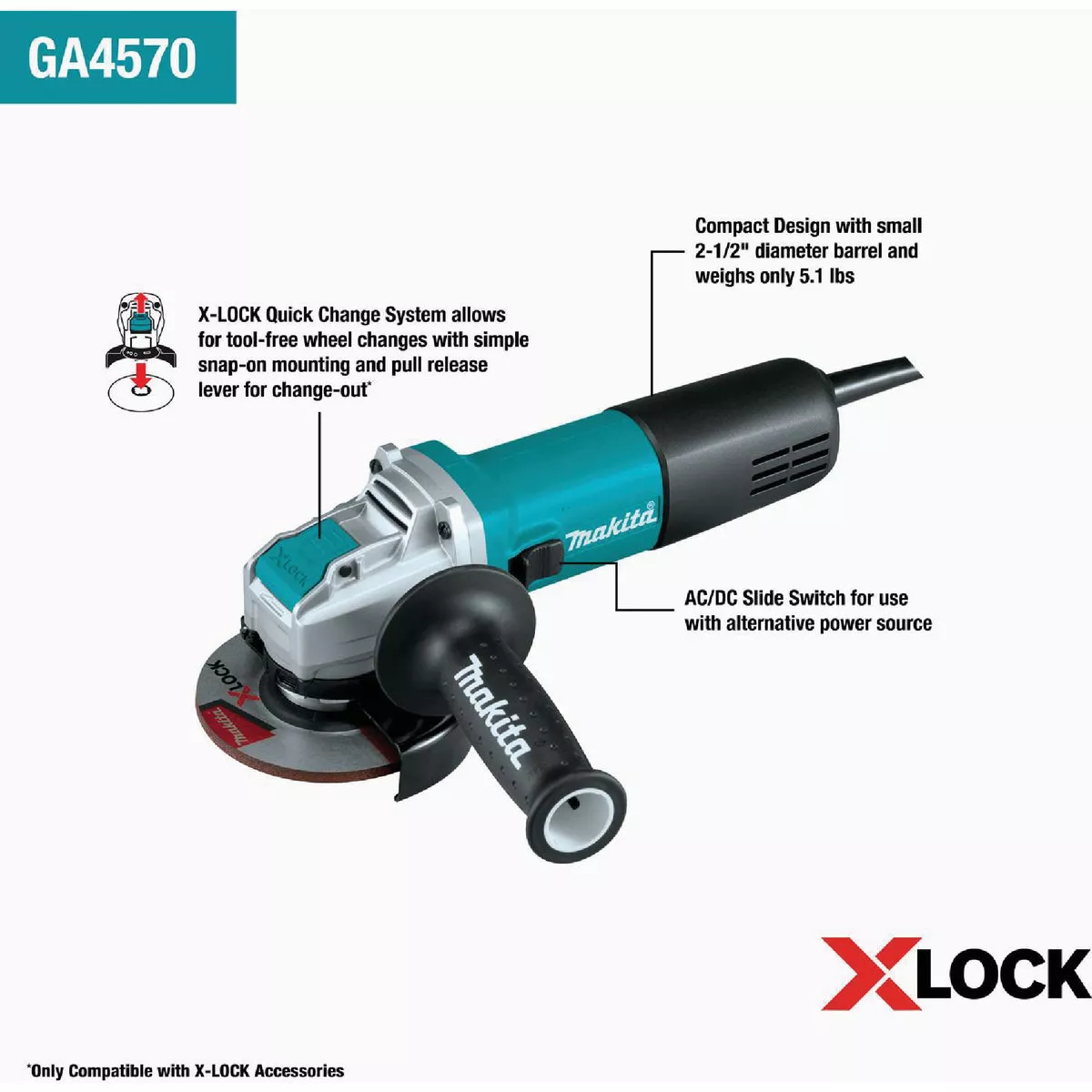 Makita 4-1/2 In. 7.5-Amp X-LOCK Angle Grinder with Lock On - photo 3