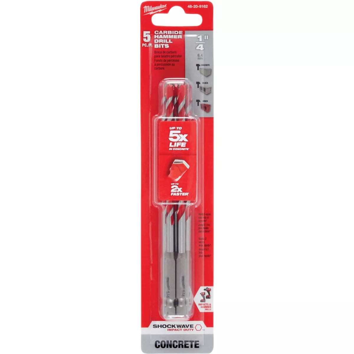 Milwaukee SHOCKWAVE 1/4 In. x 6 In. Impact Duty Masonry Carbide Hammer Drill Bit (5-Pack)