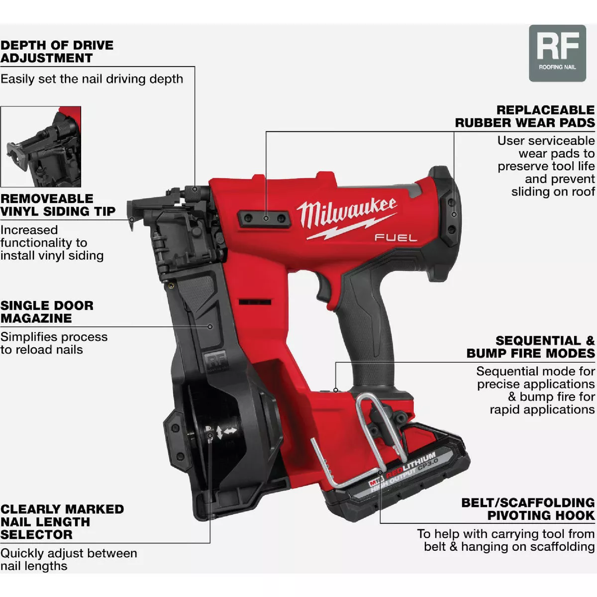 Milwaukee M18 FUEL Brushless Cordless Coil Roofing Nailer Kit with 3.0 Ah Battery & Charger - photo 5