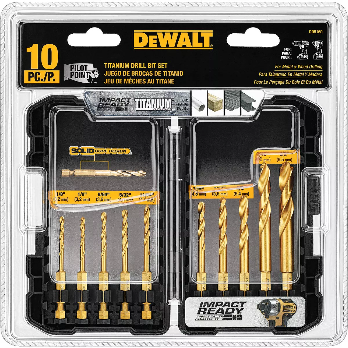 DeWalt Impact Ready 10-Piece Titanium Hex Shank Drill Bit Set, 1/8 In. thru 3/8 In.