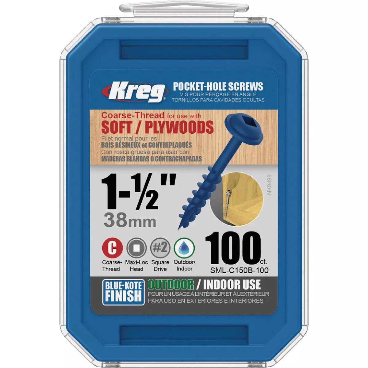 Kreg Blue-Kote #8 x 1-1/2 In. Square Coarse Thread Maxi-Loc Head Pocket-Hole Screw (100 Ct.) - photo 2