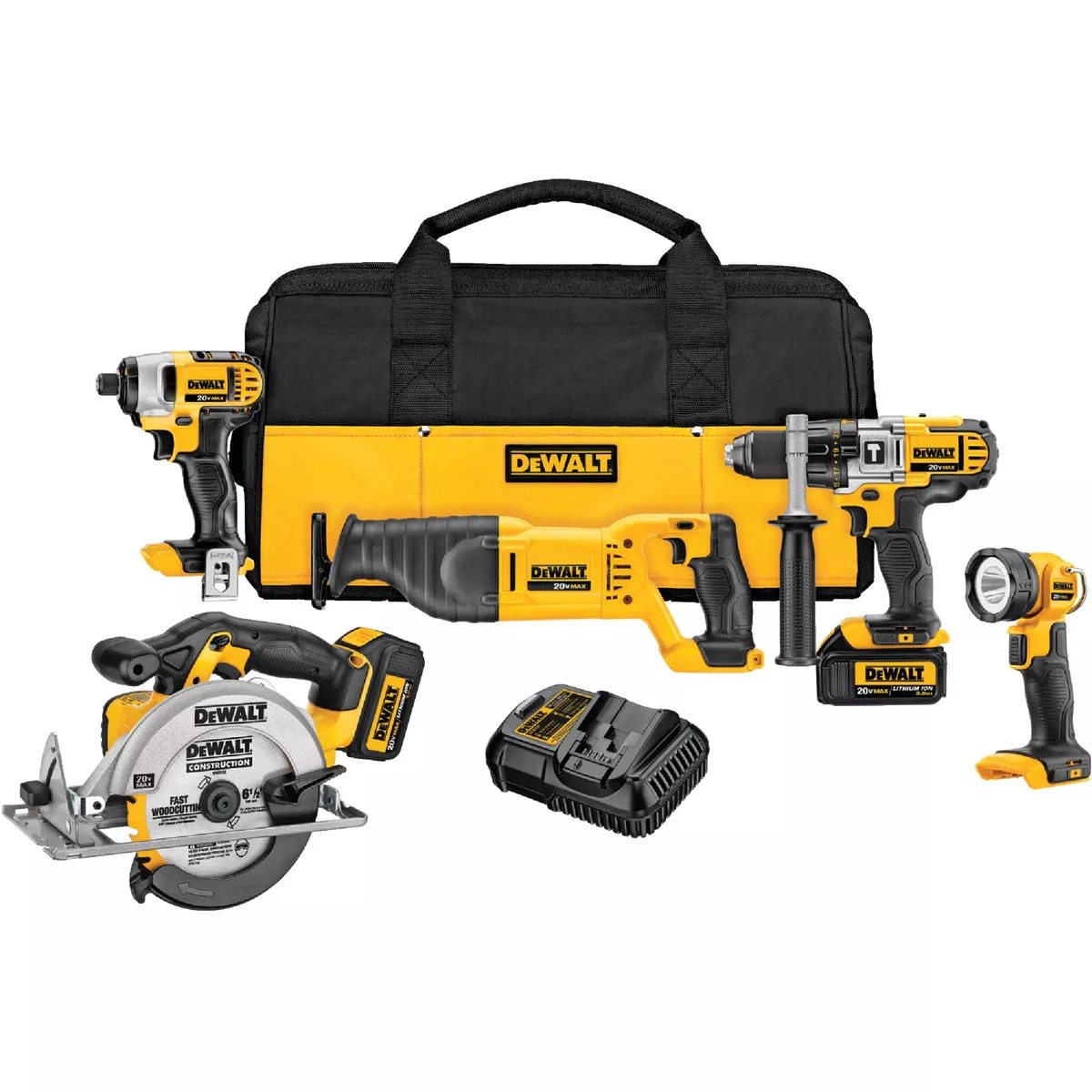 DEWALT 5-Tool 20V MAX XR Lithium-Ion Hammer Drill, Reciprocating Saw, Impact Driver, Circular Saw & Work Light Cordless Tool Combo Kit