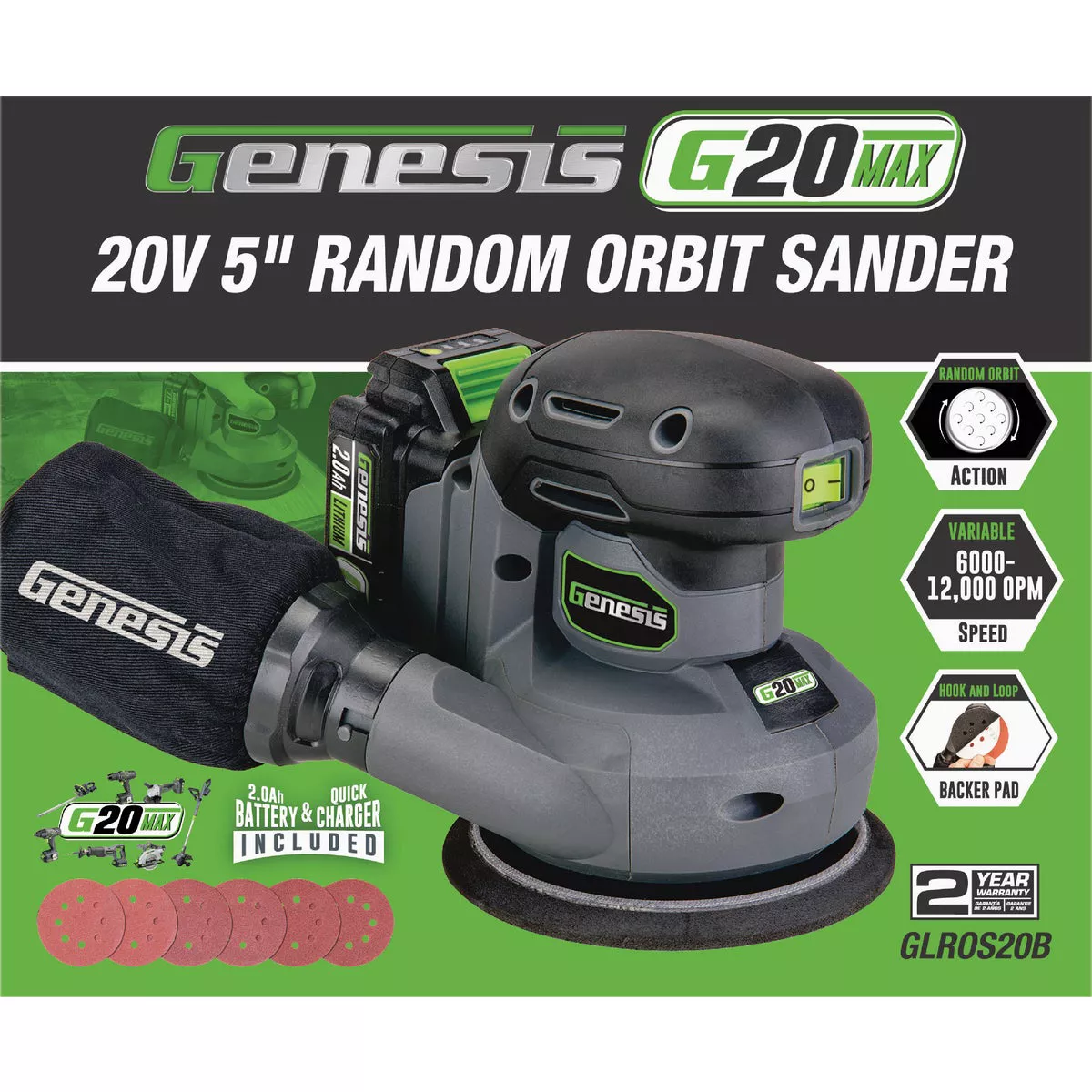 Genesis 20 Volt 5 In. Cordless Random Orbit Sander Kit with 2.0 Ah Battery & Charger - photo 2