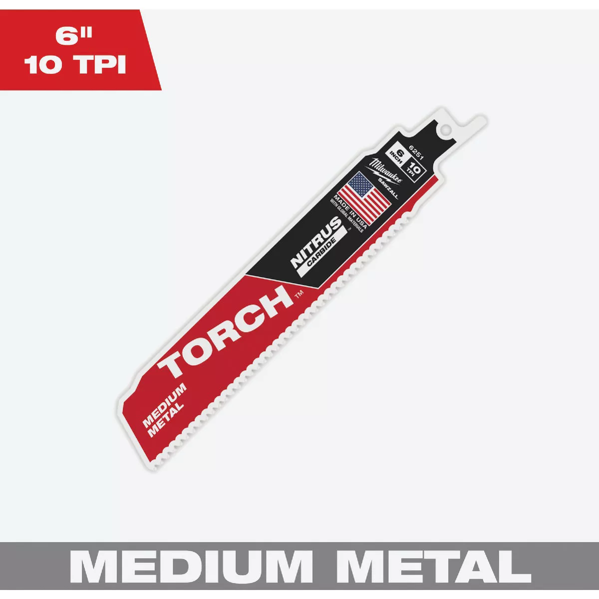 Milwaukee TORCH 6 In. 10 TPI NITRUS Carbide Medium Metal Reciprocating Saw Blade