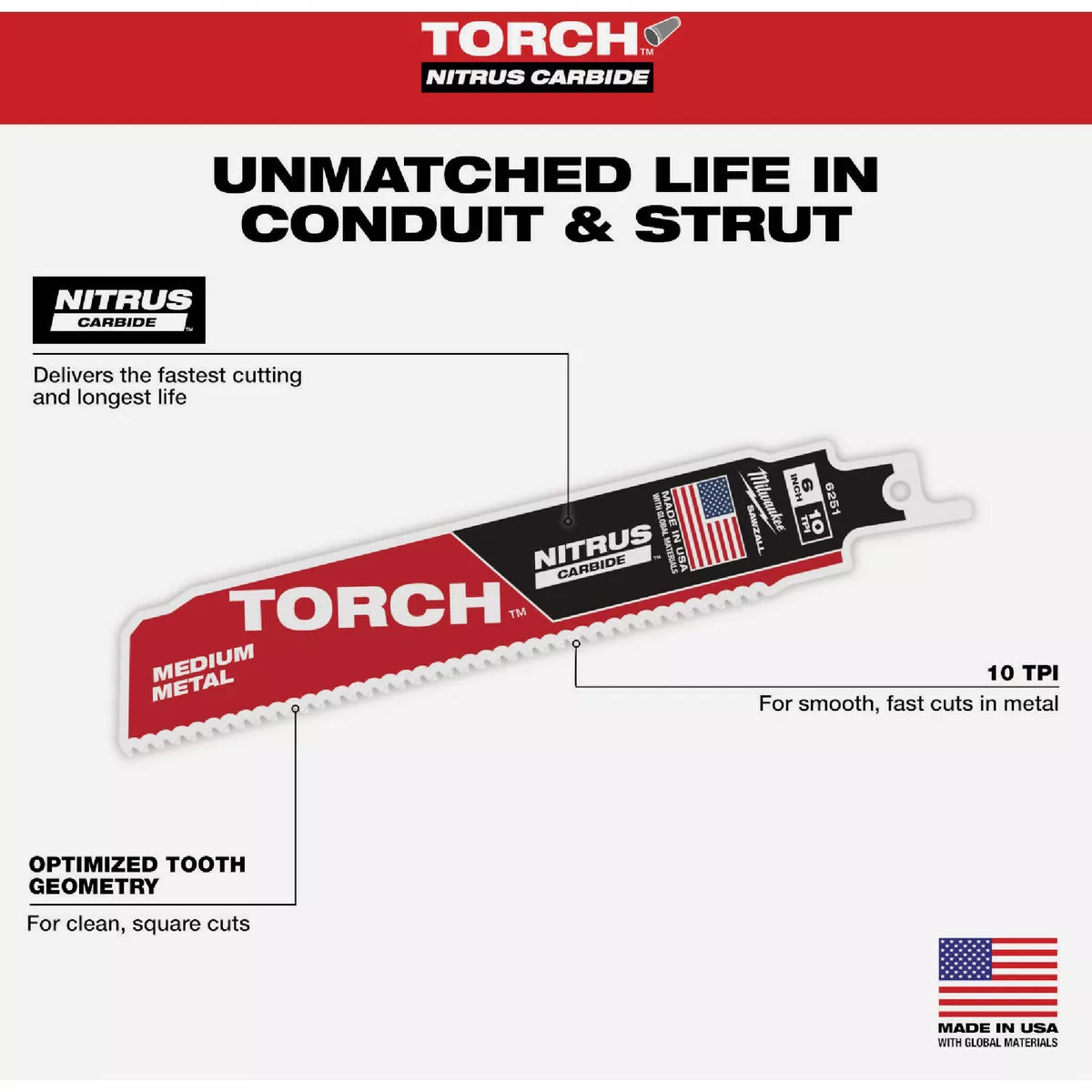 Milwaukee TORCH 6 In. 10 TPI NITRUS Carbide Medium Metal Reciprocating Saw Blade - photo 3