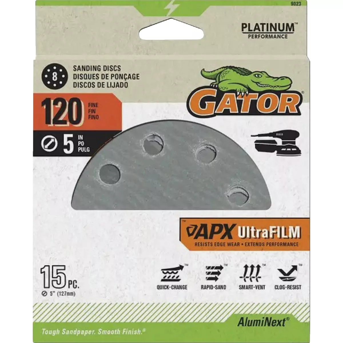 Gator Blade 5 In. 120-Grit 8-Hole Pattern Vented Sanding Disc with Hook & Loop Backing (15-Pack)