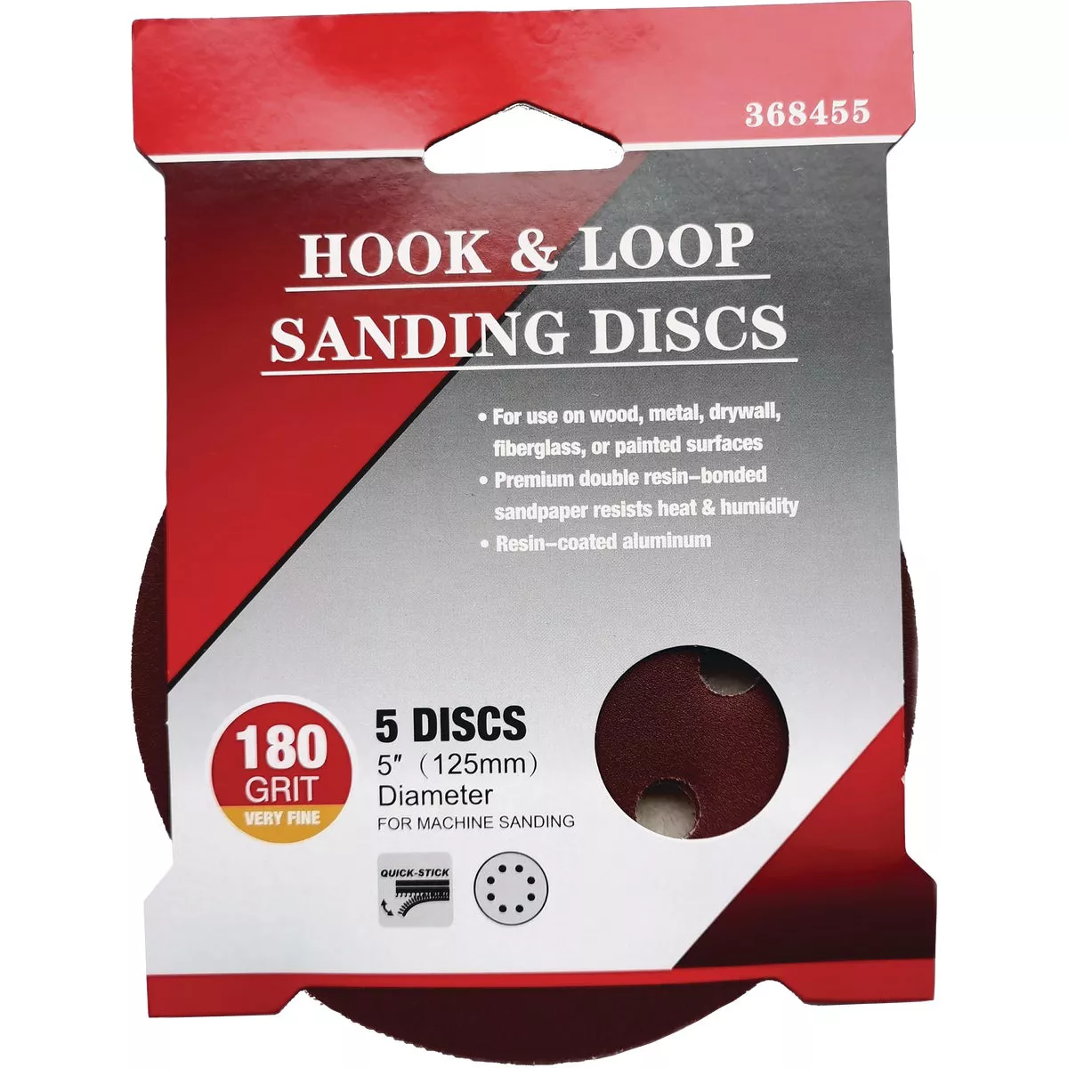 5 In. 180-Grit 8-Hole Pattern Vented Sanding Disc with Hook & Loop Backing (5-Pack) - photo 2
