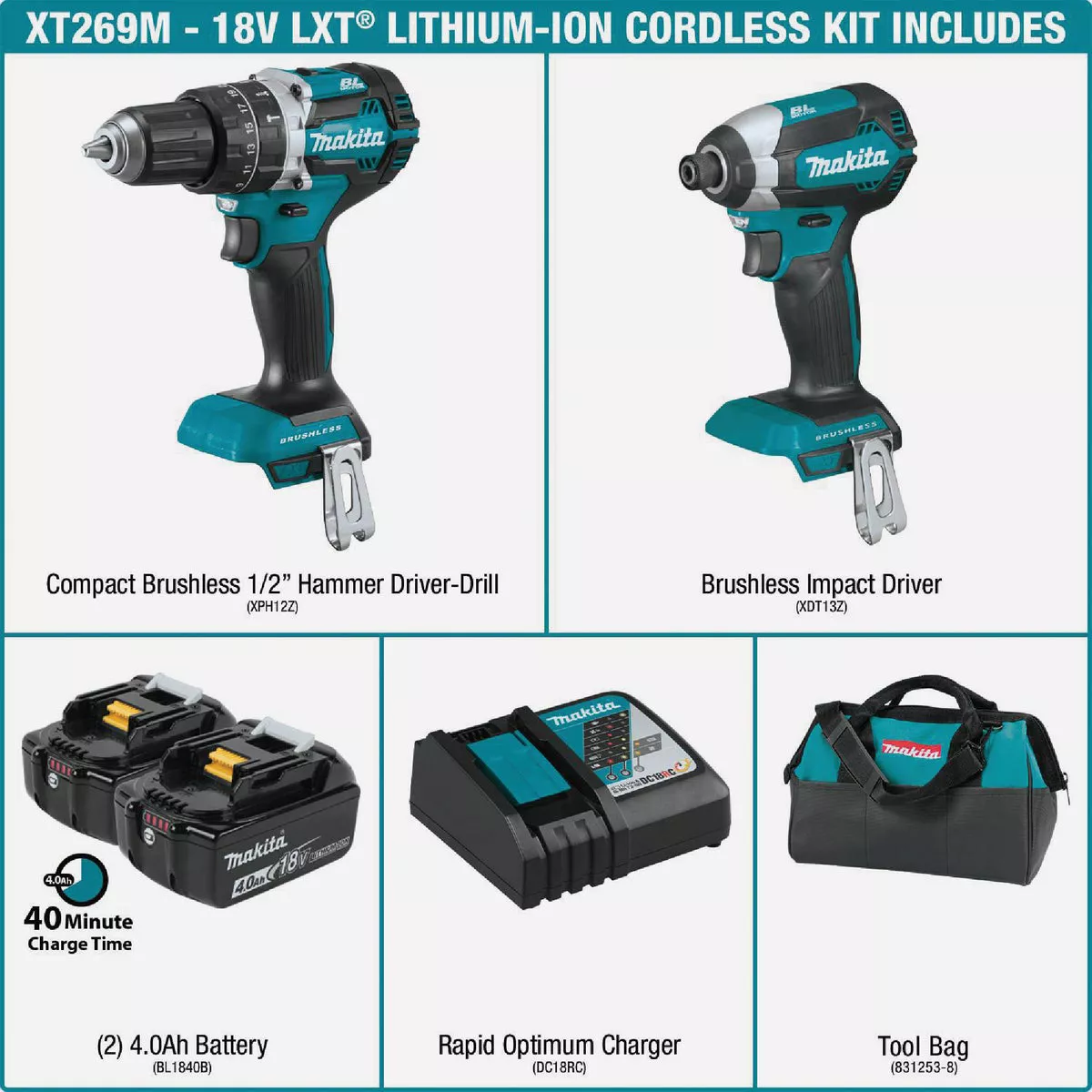 Makita 2-Tool 18V LXT Lithium-Ion Brushless Hammer Drill/Driver & Impact Driver Cordless Tool Combo Kit - photo 4