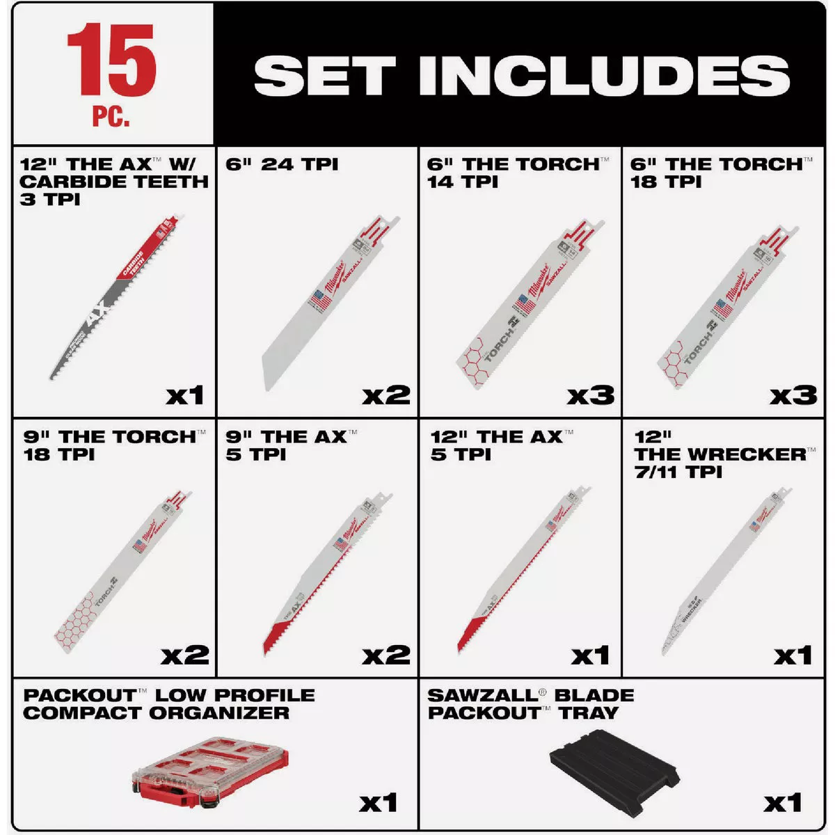 Milwaukee SAWZALL 15-Piece Reciprocating Saw Blade Set with PACKOUT Organizer - photo 3