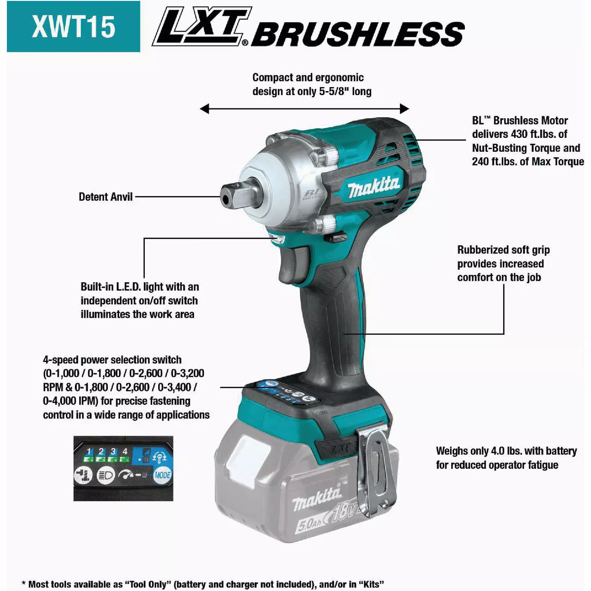 Makita 18 Volt LXT Lithium-Ion Brushless 1/2 In. 4-Speed Cordless Impact Wrench with Detent Anvil (Tool Only) - photo 2