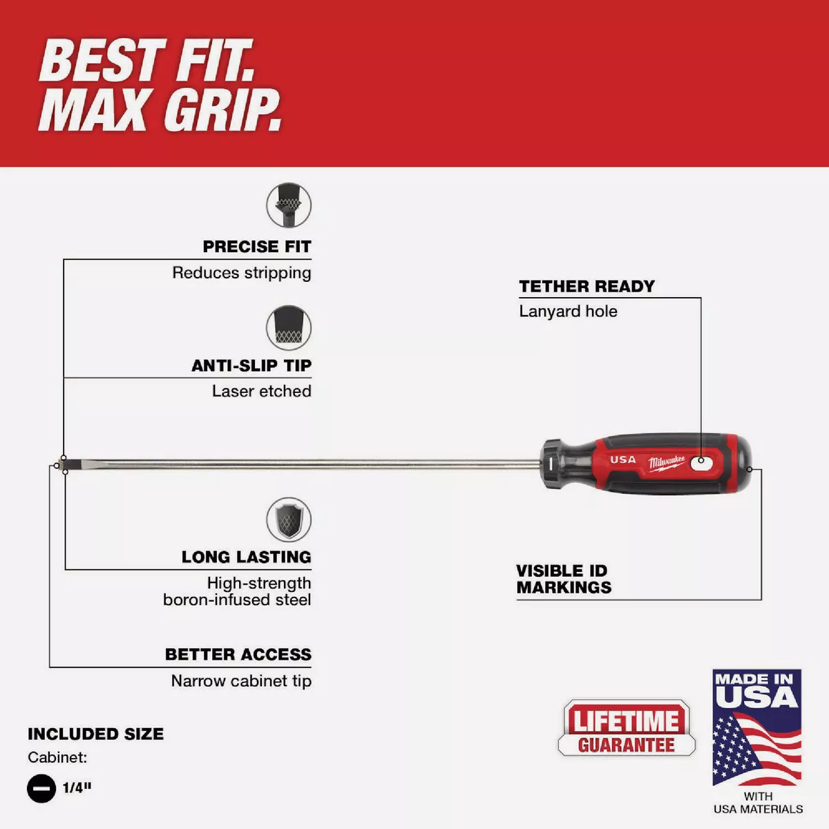 Milwaukee 1/4 In. x 10 In. Cushion Grip Cabinet Tip Slotted Screwdriver (USA) - photo 8