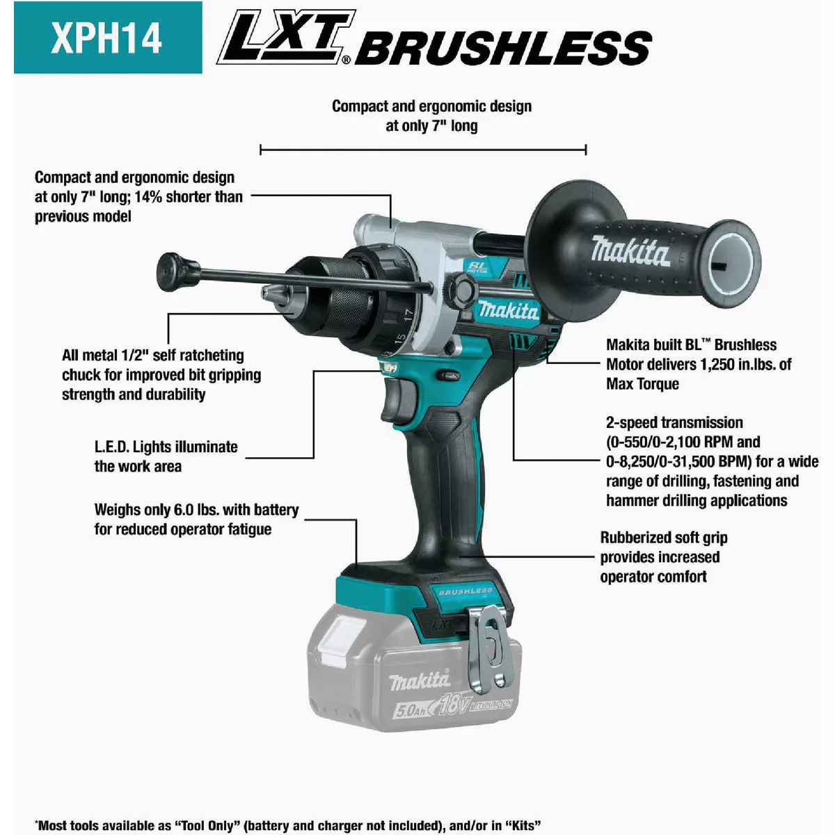 Makita 2-Tool 18 Volt LXT Lithium-Ion Brushless Hammer Drill/Driver & 4-Speed Impact Driver Cordless Tool Combo Kit - photo 4