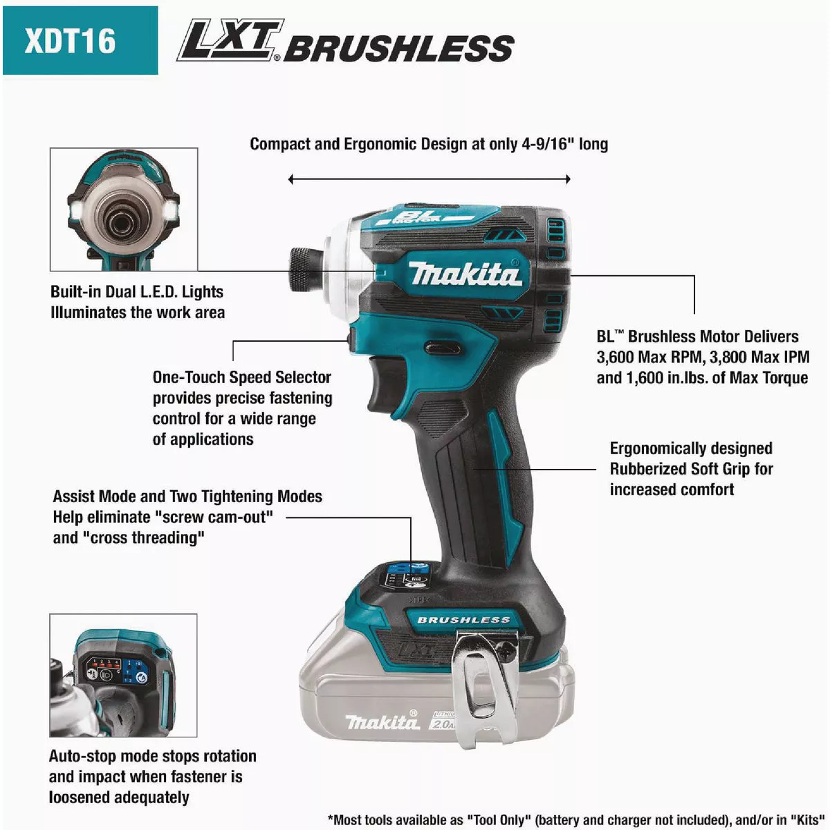 Makita 2-Tool 18 Volt LXT Lithium-Ion Brushless Hammer Drill/Driver & 4-Speed Impact Driver Cordless Tool Combo Kit - photo 5